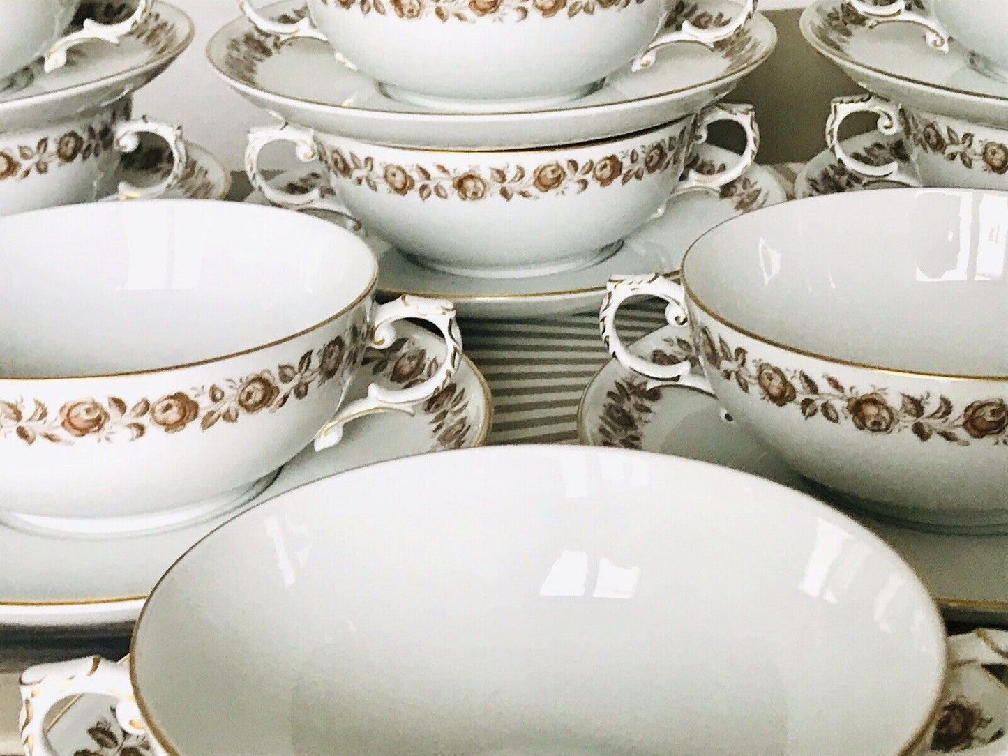 Vintage Porzellan Tafelservice Fürstenberg 12 Suppentassen weiß braun gold