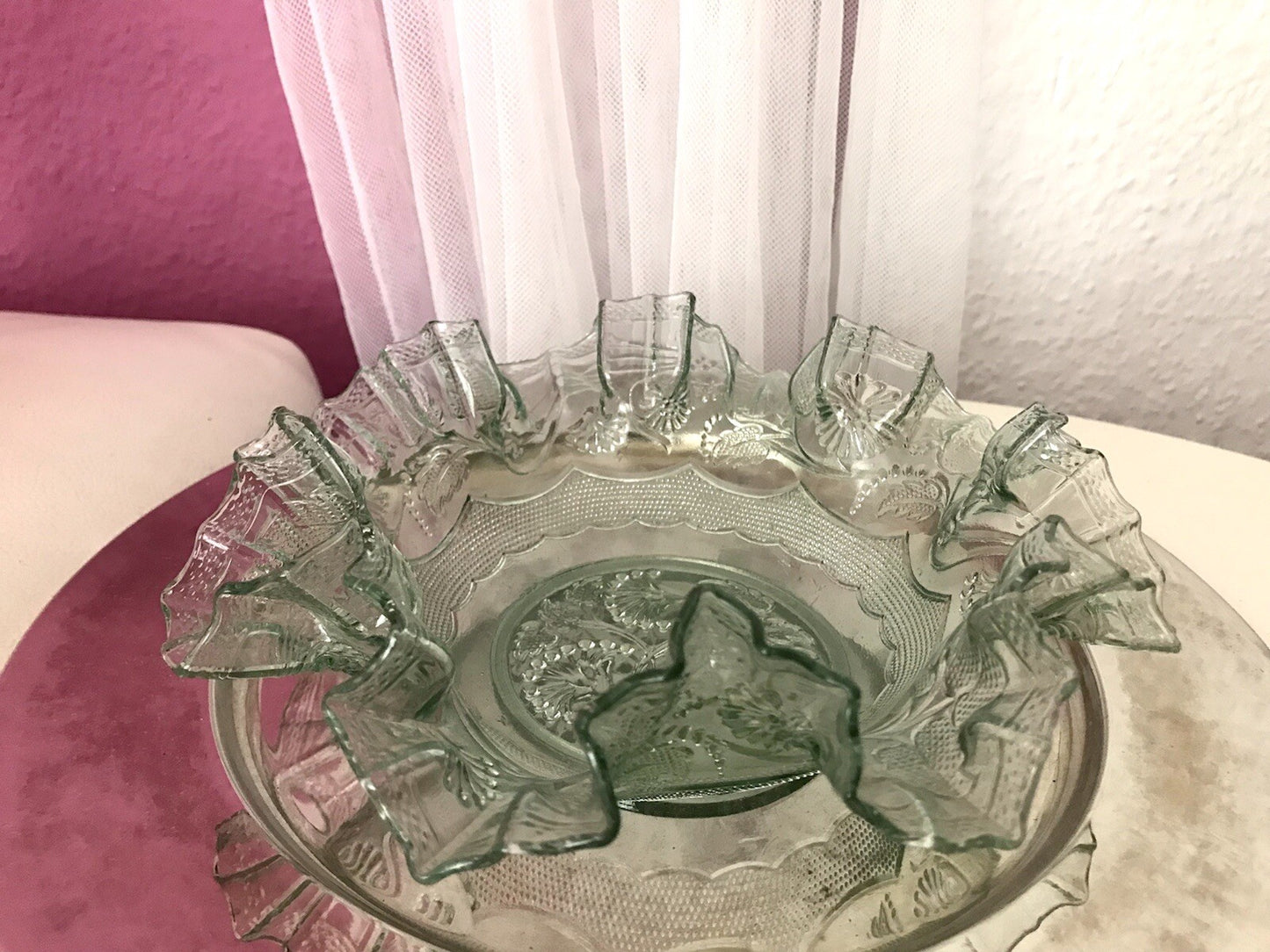 Antik Jugendstil gewellter Serviettenrand Pressglas Schale Glas so schön! grün