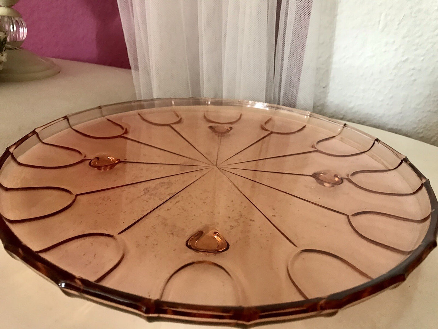Antik Tortenplatte Tortenständer Rosalin Glas rosa 4Füssig Art Déco Pressglas