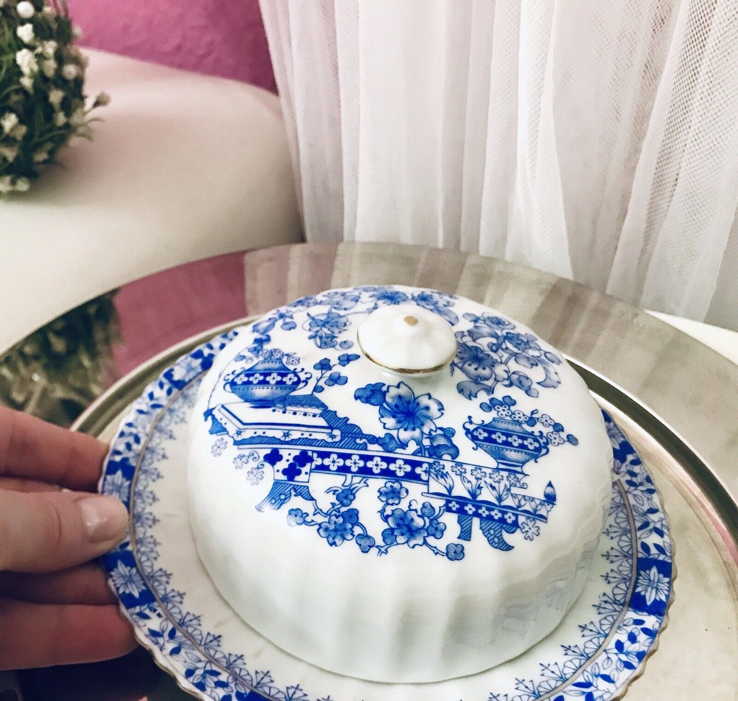 Antik Art Déco Porzellan Butterdose Dose China Blau