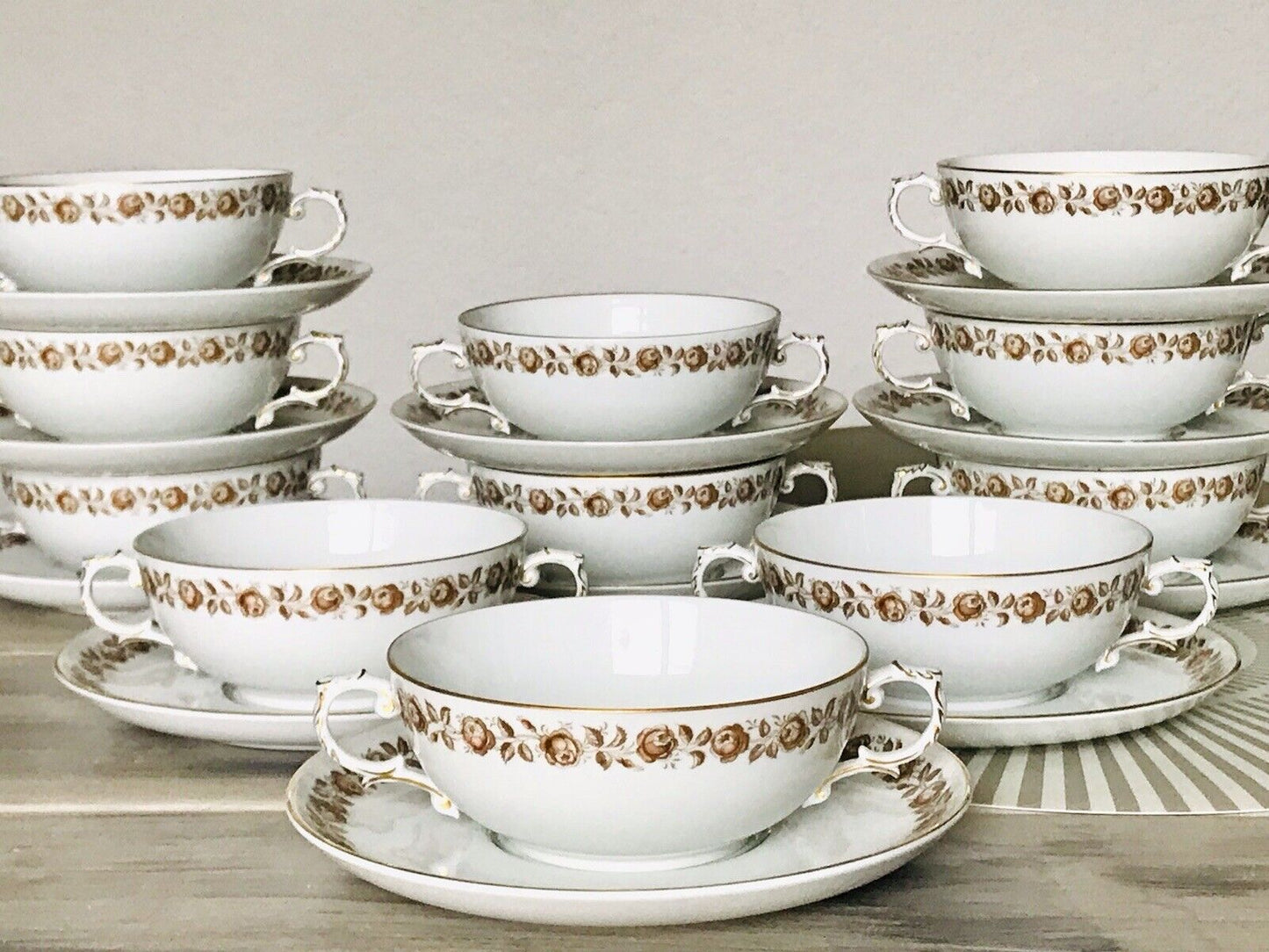 Vintage Porzellan Tafelservice Fürstenberg 12 Suppentassen weiß braun gold