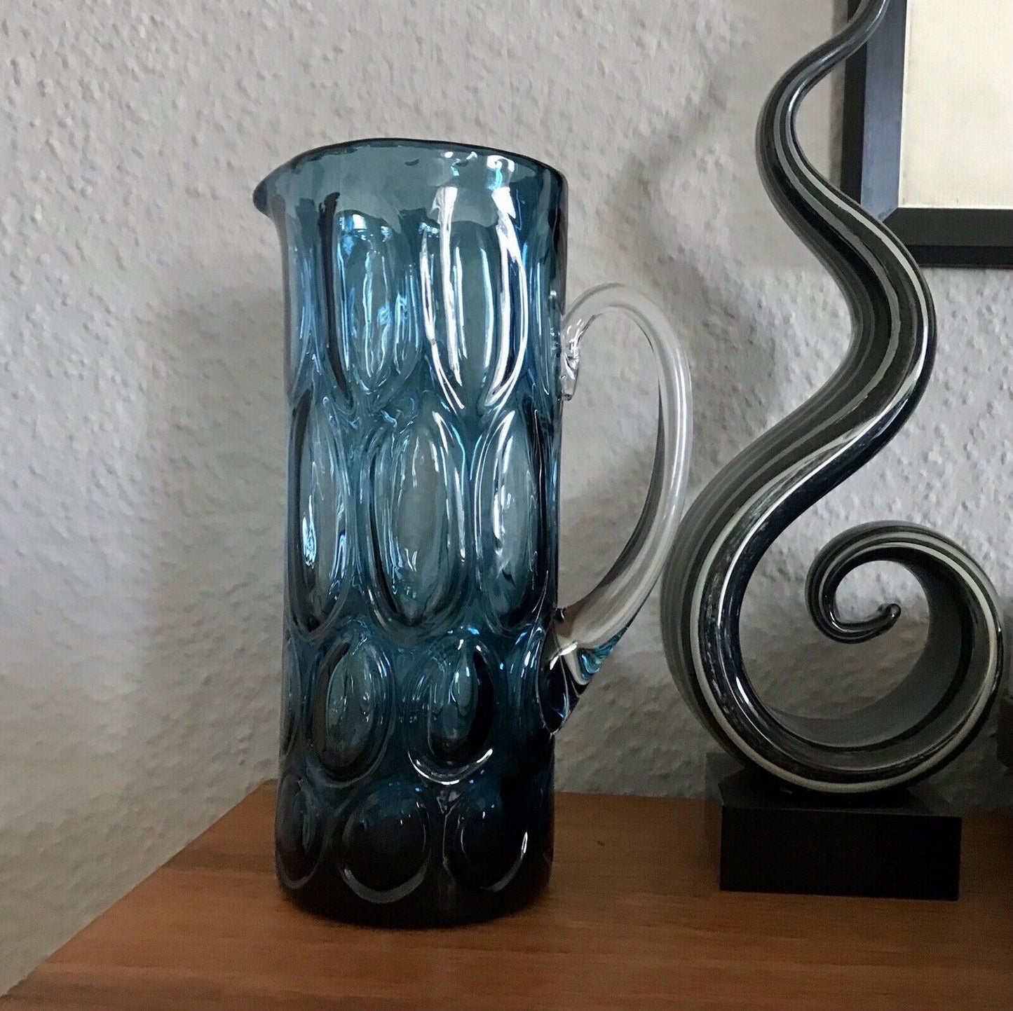Vintage Designer 60er Krug Kanne Karaffe Space Age Glas Bubble Struktur blau