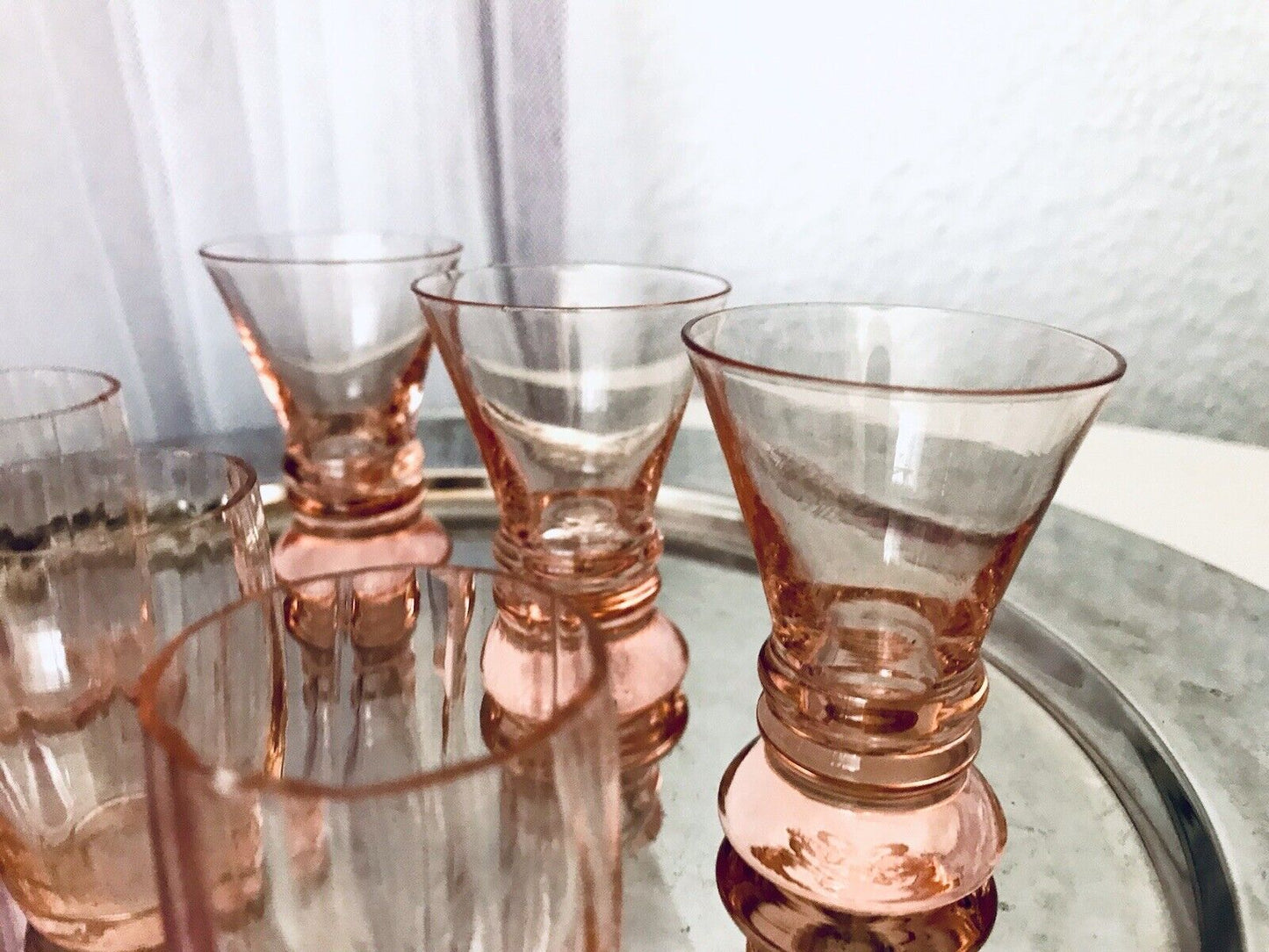 Antik ~1900 -20 6x Schnapsgläser Likör Gläser Pinchen optisch gerippt Glas rosa