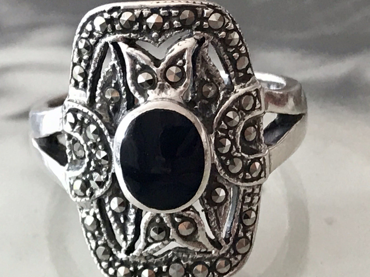 Antik Art Déco Damen Schiffchen Ring 925 Silber Gr.60 Onyx Markasite
