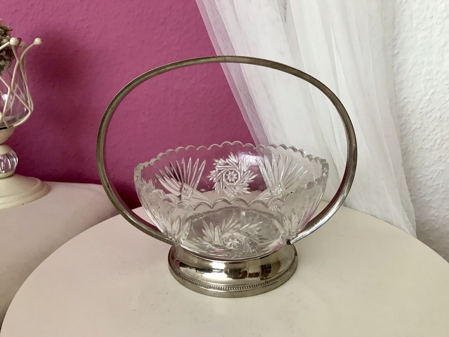 Antik Art Déco Schale Tafelaufsatz Pressglas Metallmontur Korb
