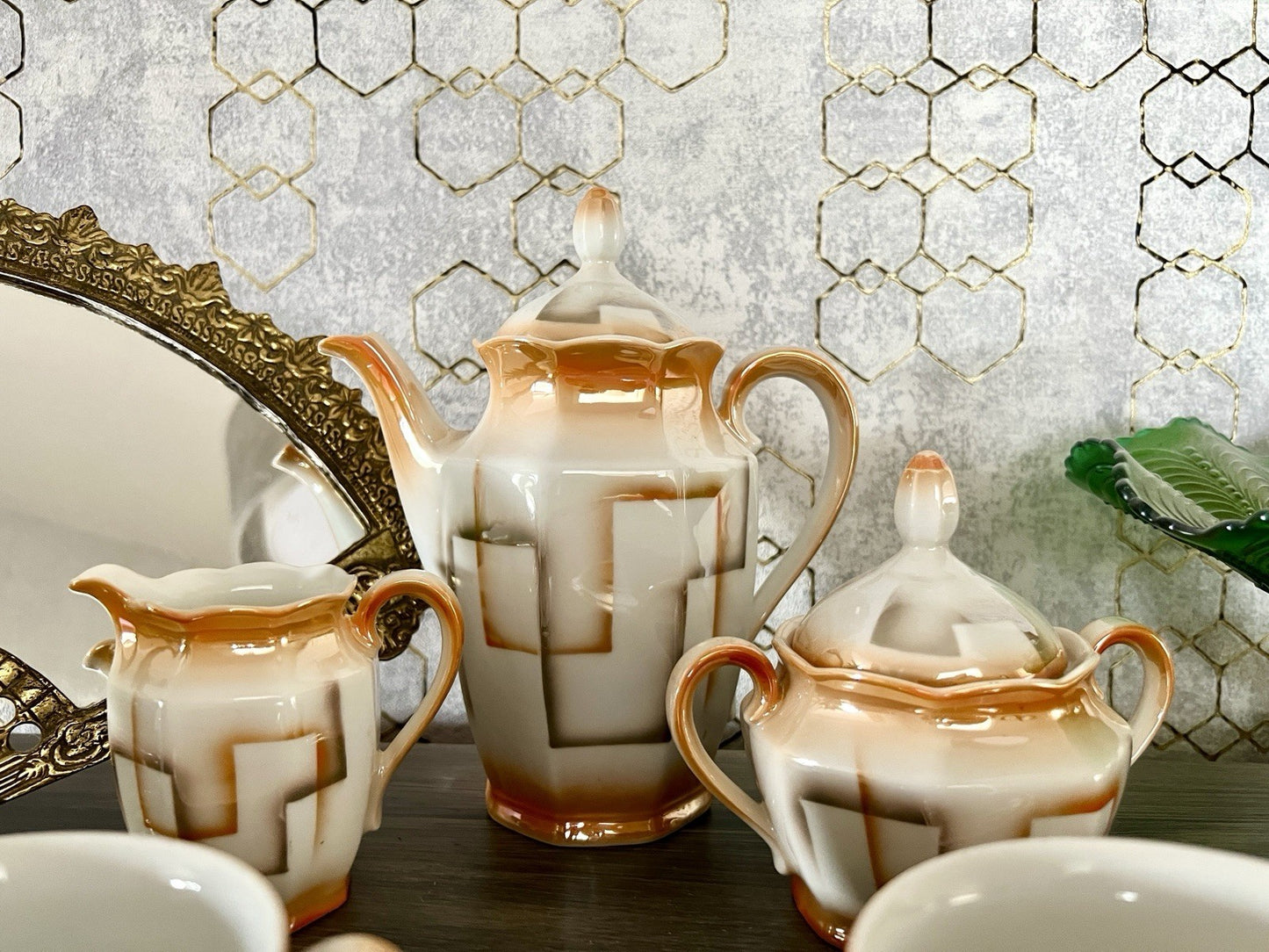 Antik Art Déco Porzellan Kaffeeservice Spritzdekor Bauhaus Teté a Téte 2 Pers.
