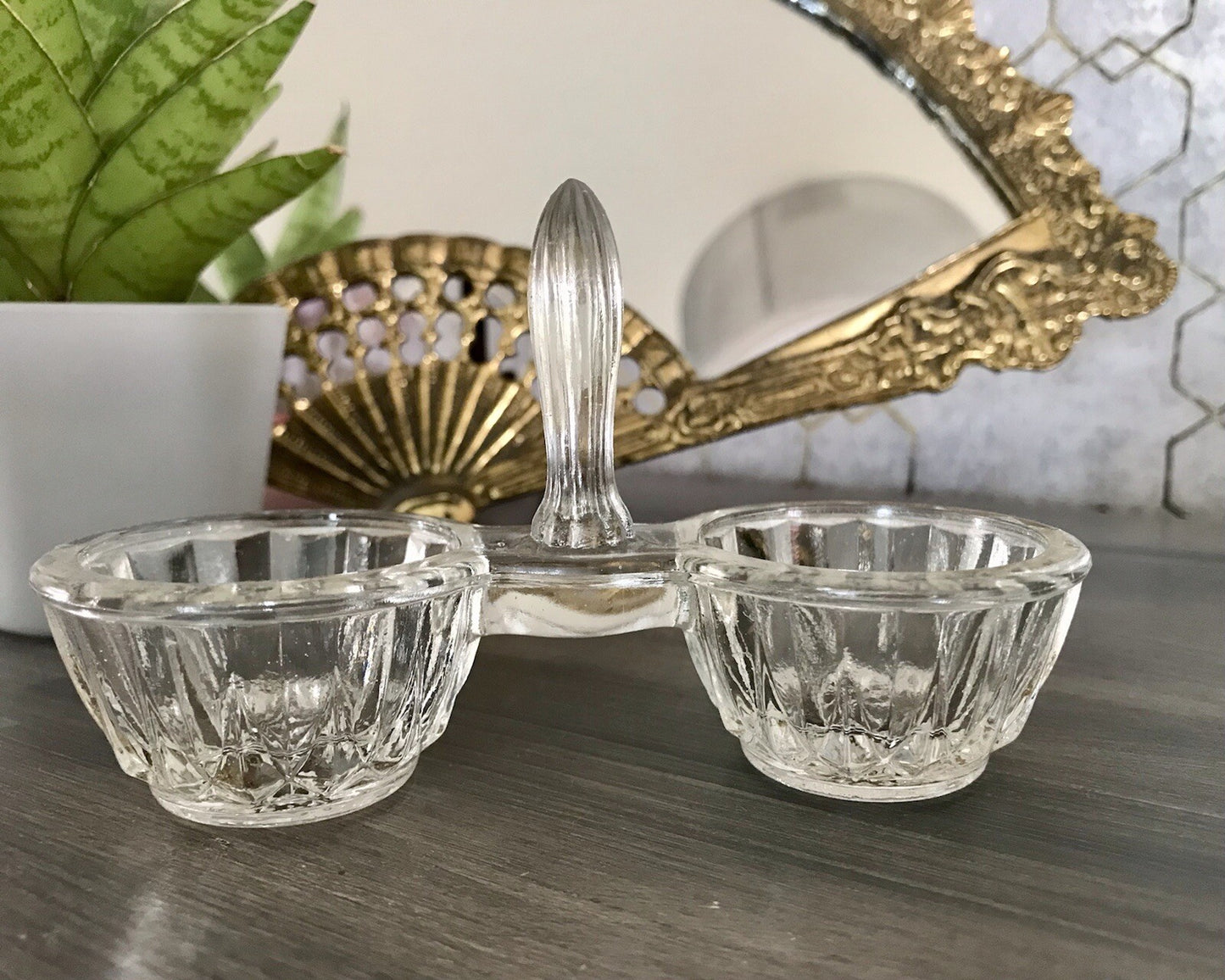 Antik Art Déco Pressglas Salz & Pfeffer Menage Saliere Gewürzständer Glas