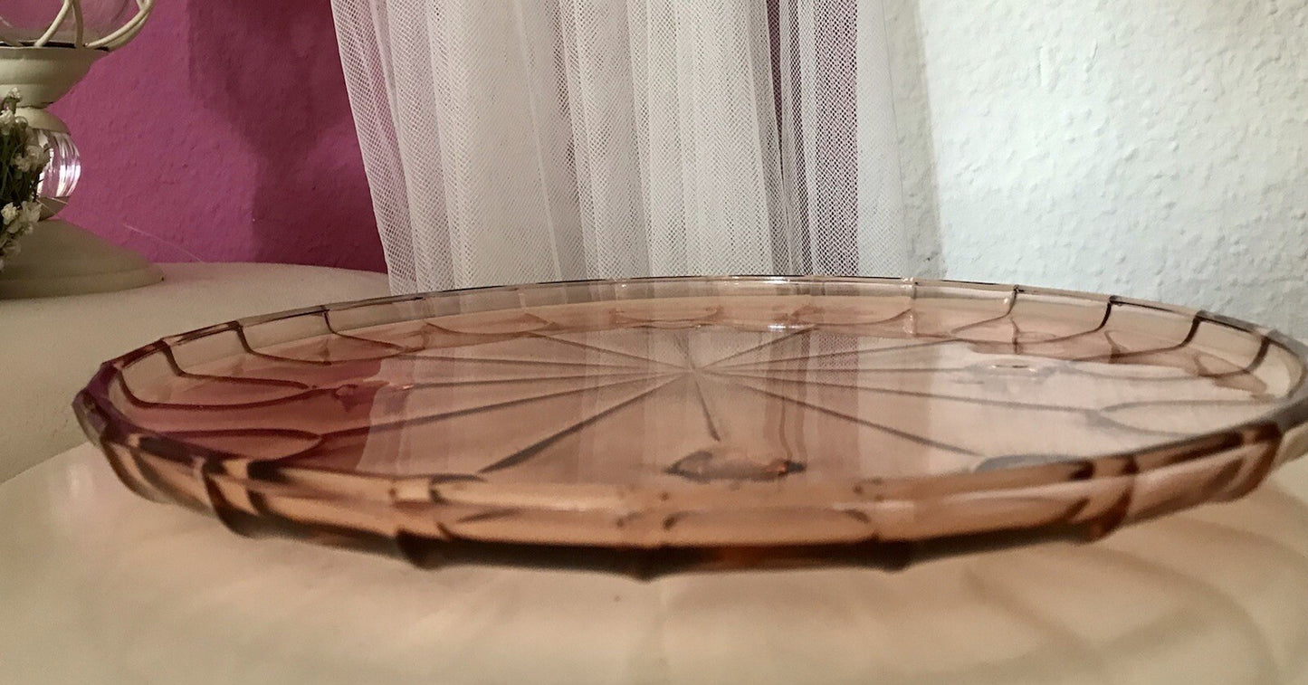 Antik Tortenplatte Tortenständer Rosalin Glas rosa 4Füssig Art Déco Pressglas