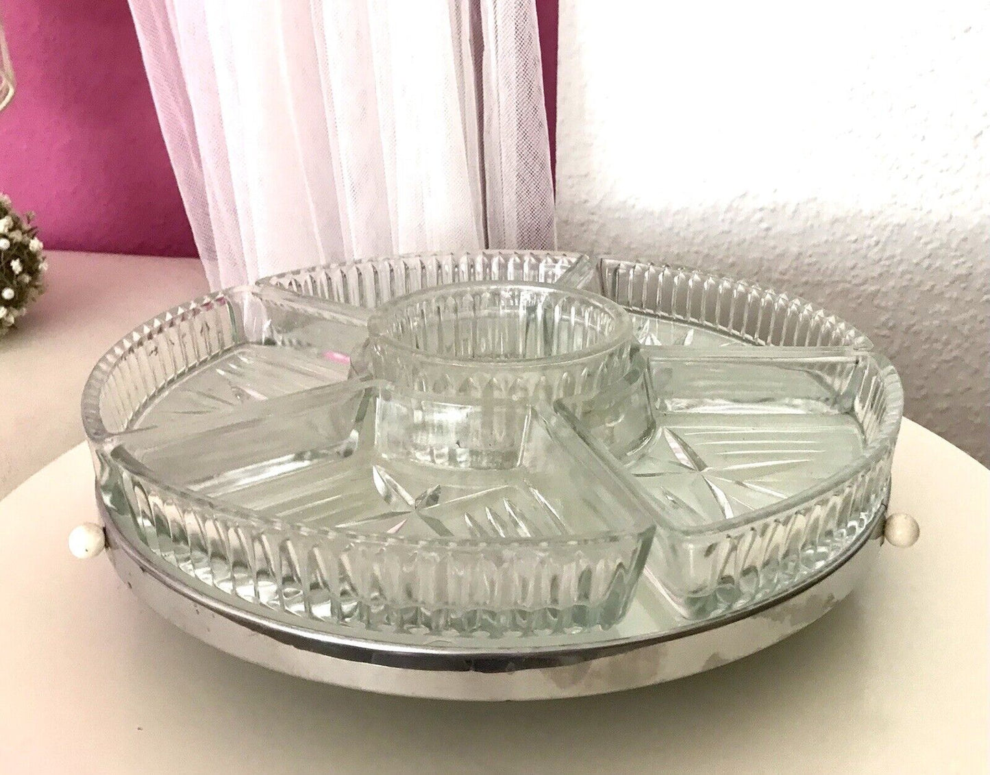 Antik schöne Art Déco Schale Tafelaufsatz Kabarett-Schale Pressglas drehbar