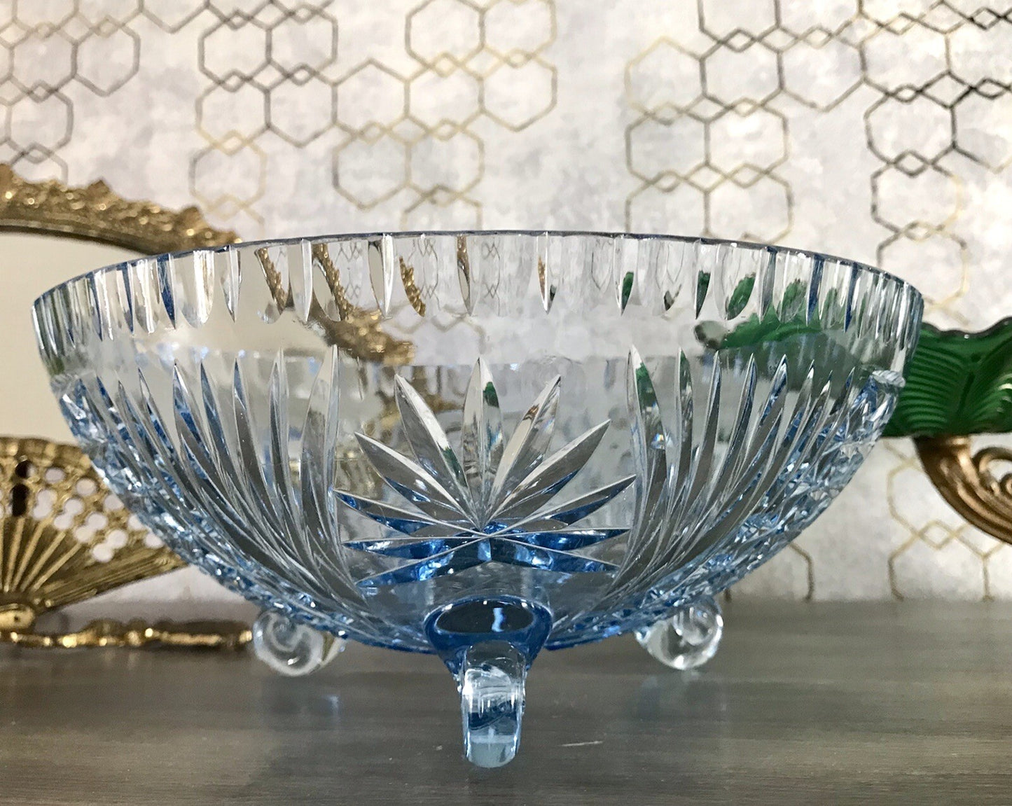 Antik EDEL blau Art Déco Schale Glasschale mundgeblasen geschliffen 3füssig
