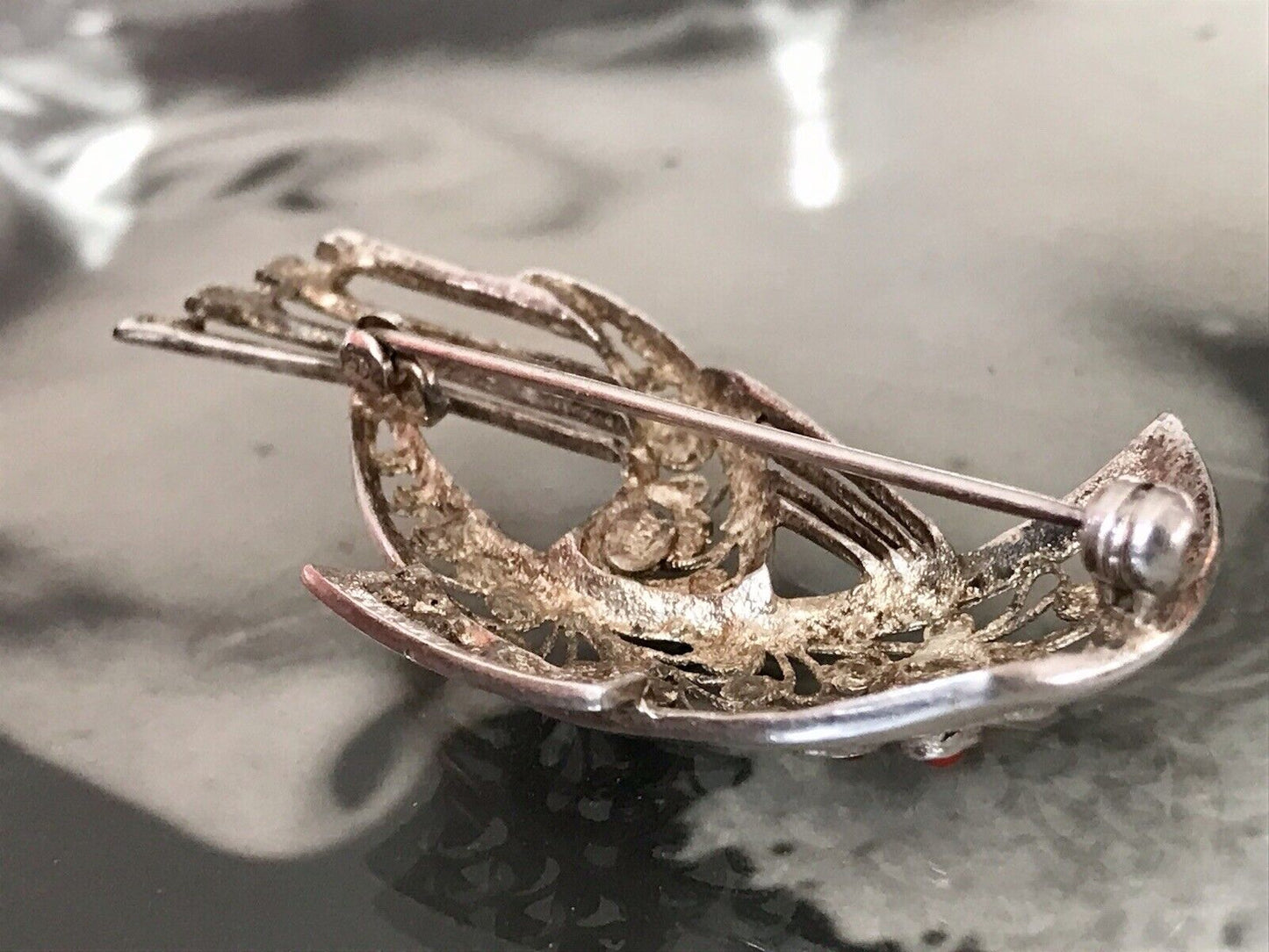 Antik Art Déco Edel prachtvoll filigran Brosche Silber 835 H Koralle