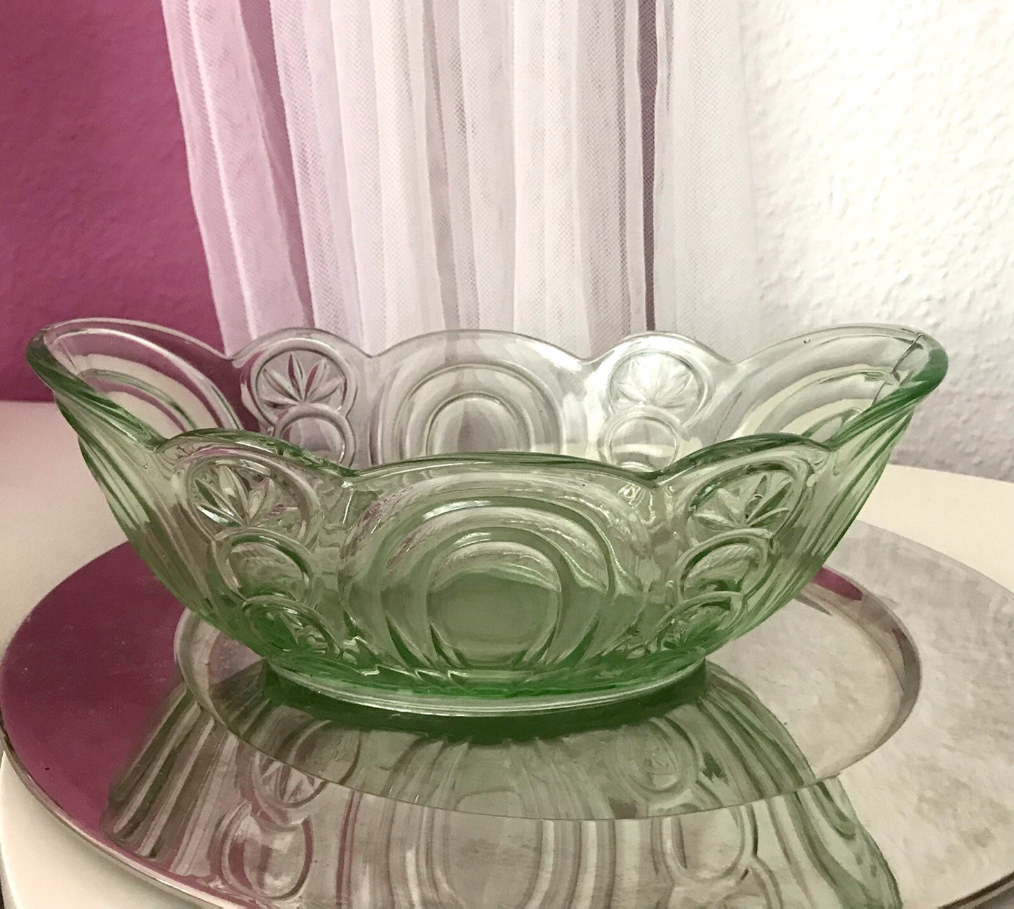 Antik Art Déco Jardiniere Schale Pressglas Glasschale grün Obstschale