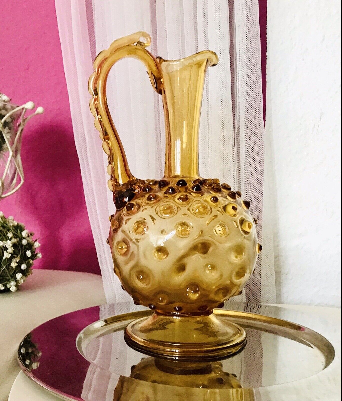 Murano Barovier Tosso ? 60er Karaffe Kanne Vase Glas Gelb Noppen Dubben Abriss