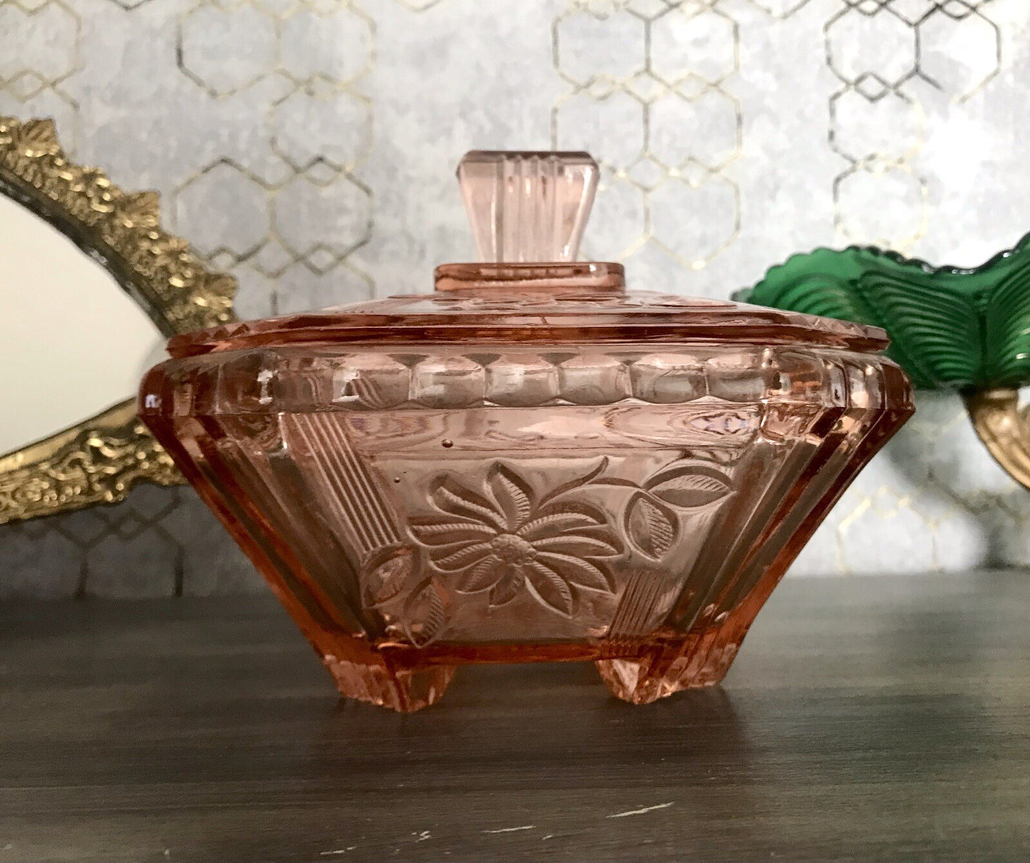 Antik Art Déco Dose Deckeldose Zierdose Pressglas Rosalin rosa Glas