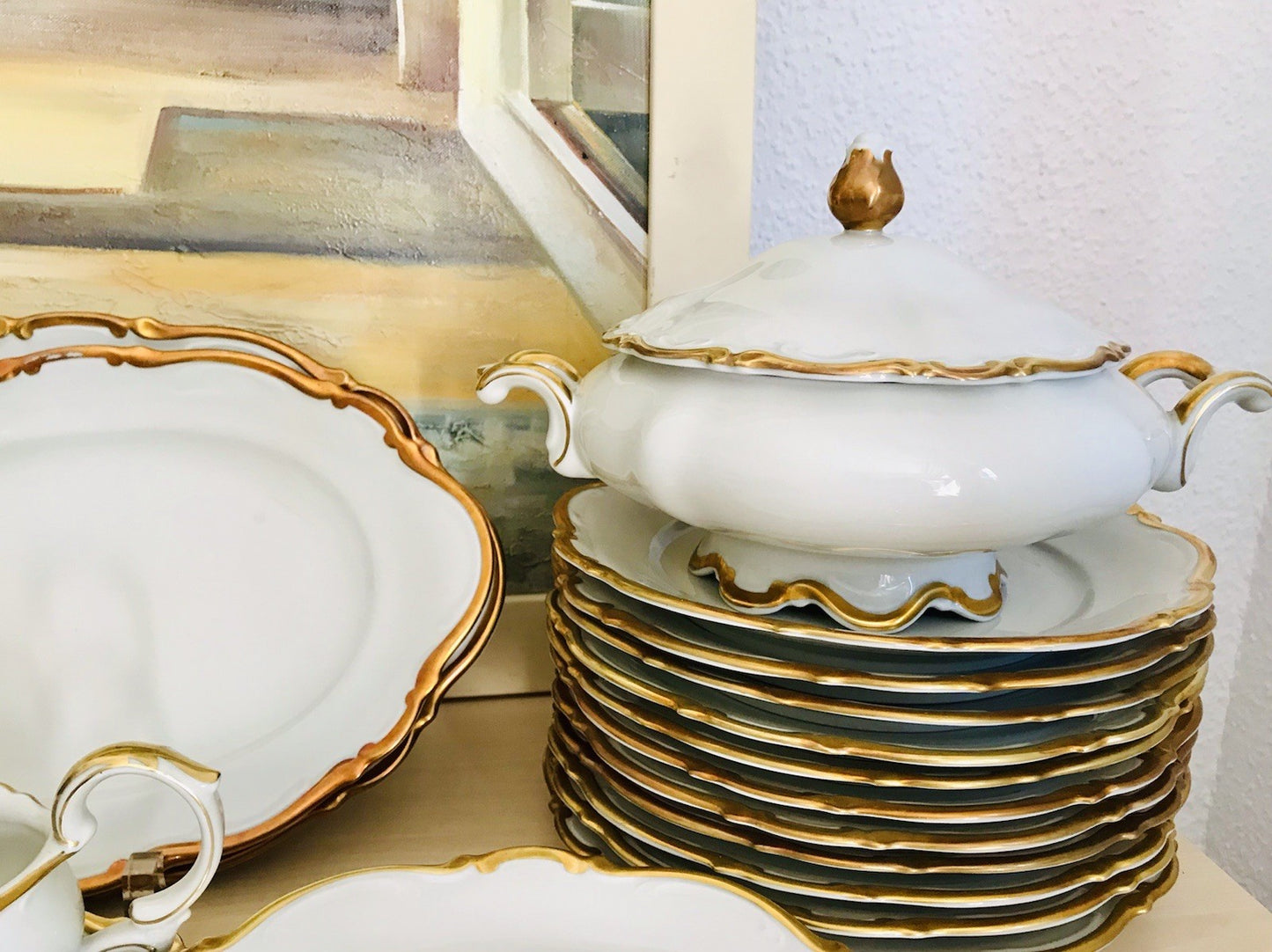 Antik Art Déco Porzellan Tafelservice goldene Ranke EDEL Mitterteich 12 Personen