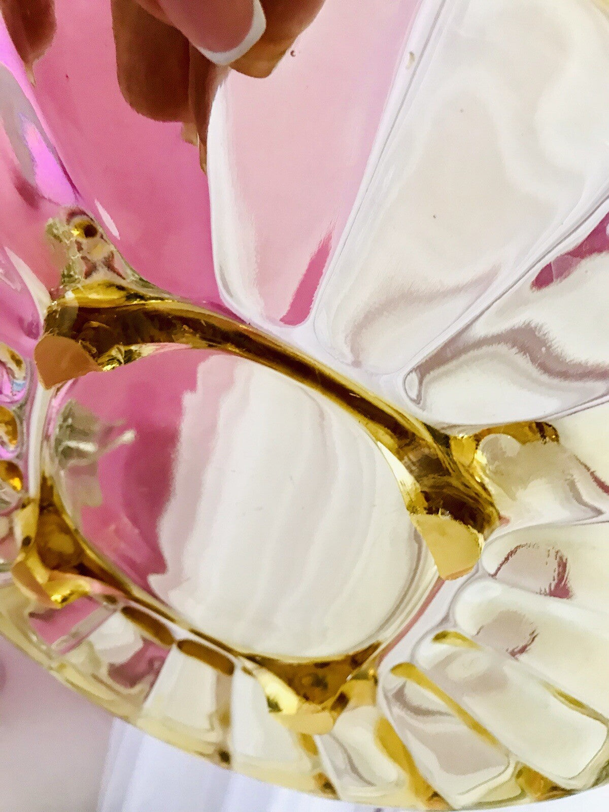 Antik Tortenplatte Kuchenplatte Glas gelb 4Füssig Art Déco Pressglas