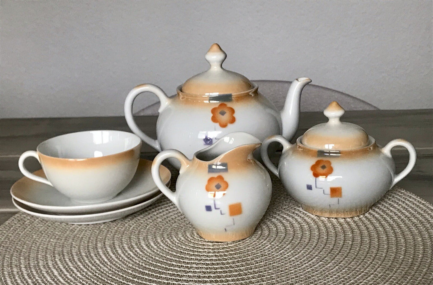 Antik Art Déco Porzellan Kaffeeservice Spritzdekor Moccaservice