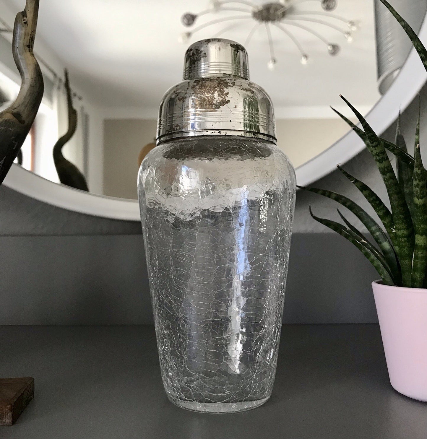 Vintage Glas 60er Craquelée versilbert Montur Getränke Cocktail Shaker