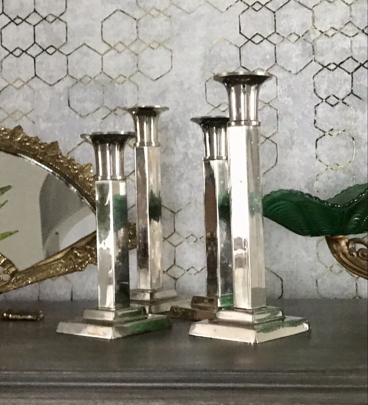 4 Kerzenleuchter Kerzenständer Leuchter Art Déco Stil versilbert? kantig