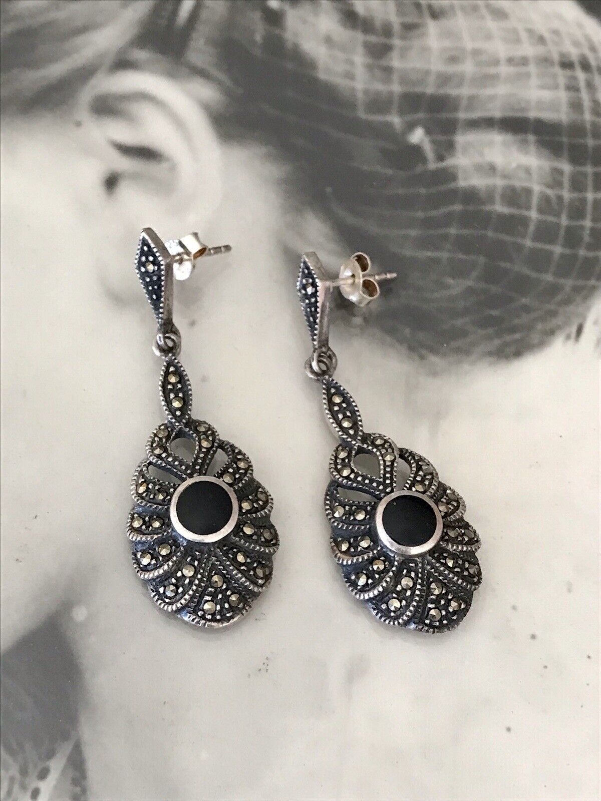 Antik Art Déco Wunderschön Ohrhänger Ohrringe DAMEN Silber 925 Onyx Markasite