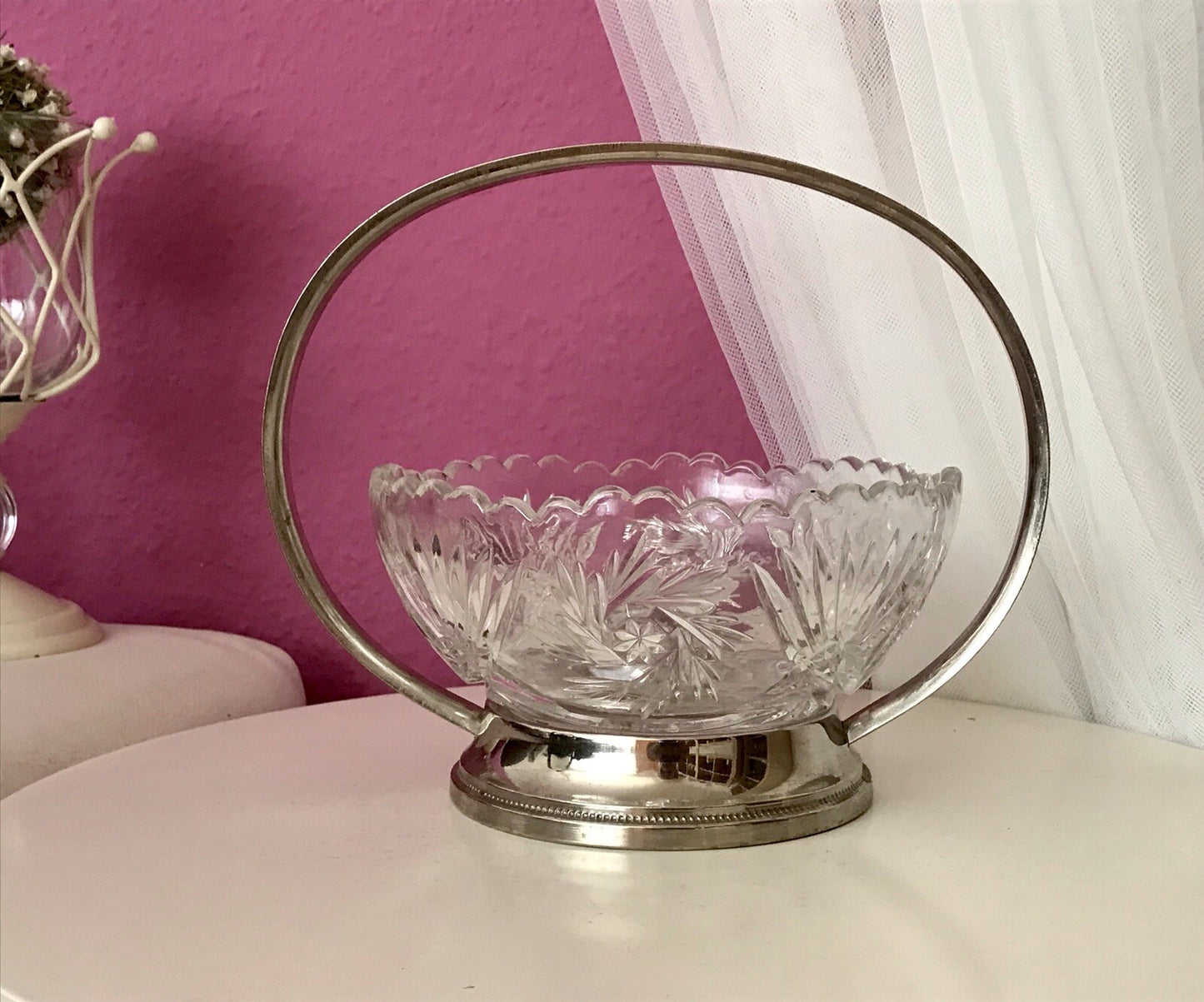 Antik Art Déco Schale Tafelaufsatz Pressglas Metallmontur Korb