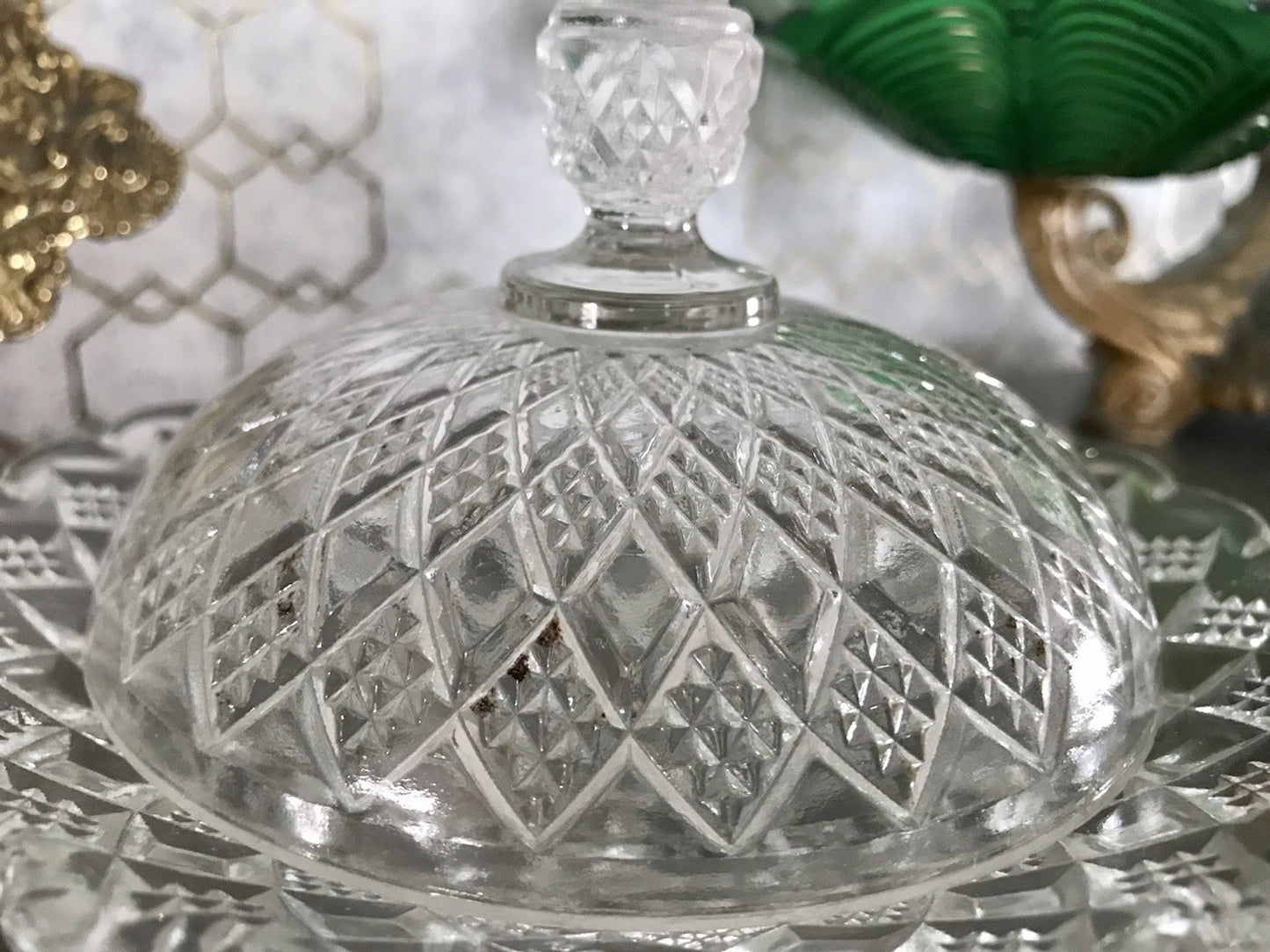Antik Art Déco Glas Pressglas Butterdose Wunderschön!