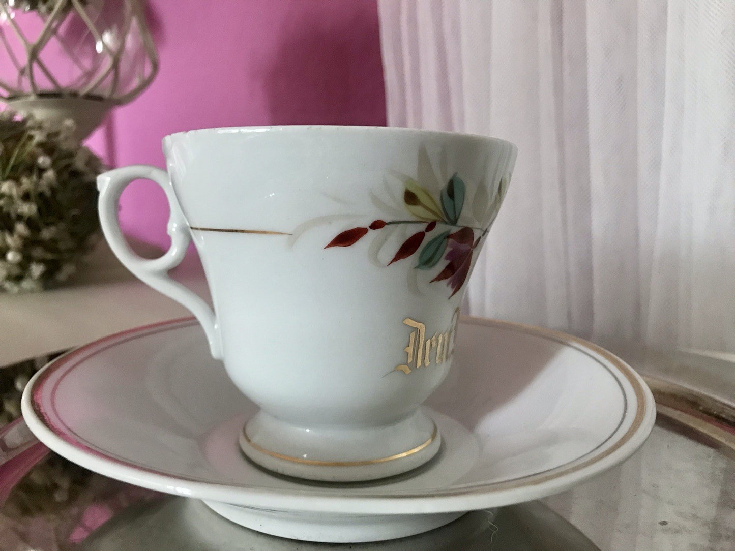 Antik Porzellan Andenken Becher Gedeck Sammeltasse Tasse „Dem Hausherrn“
