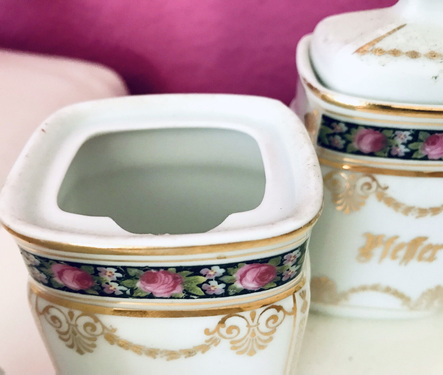Antik 6x Porzellan Dose Vorratsdosen Gewürze Rosen Golddekor Jugendstil
