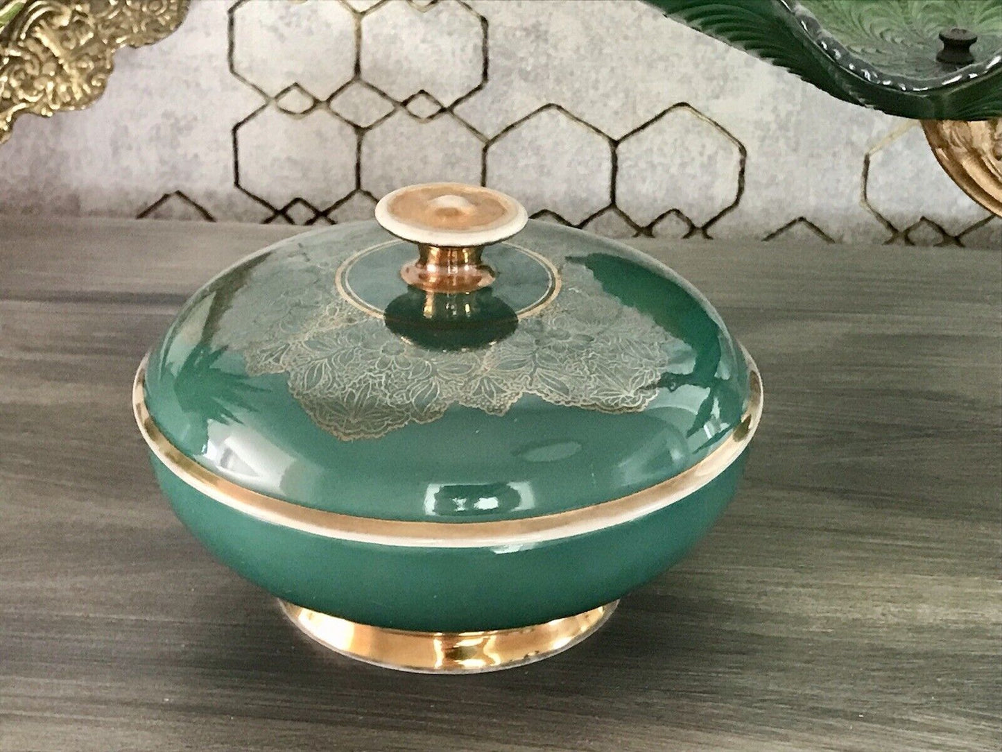 Spätes Art Vintage 50er Porzellan Dose Deckeldose Bonboniere grün gold Seltmann
