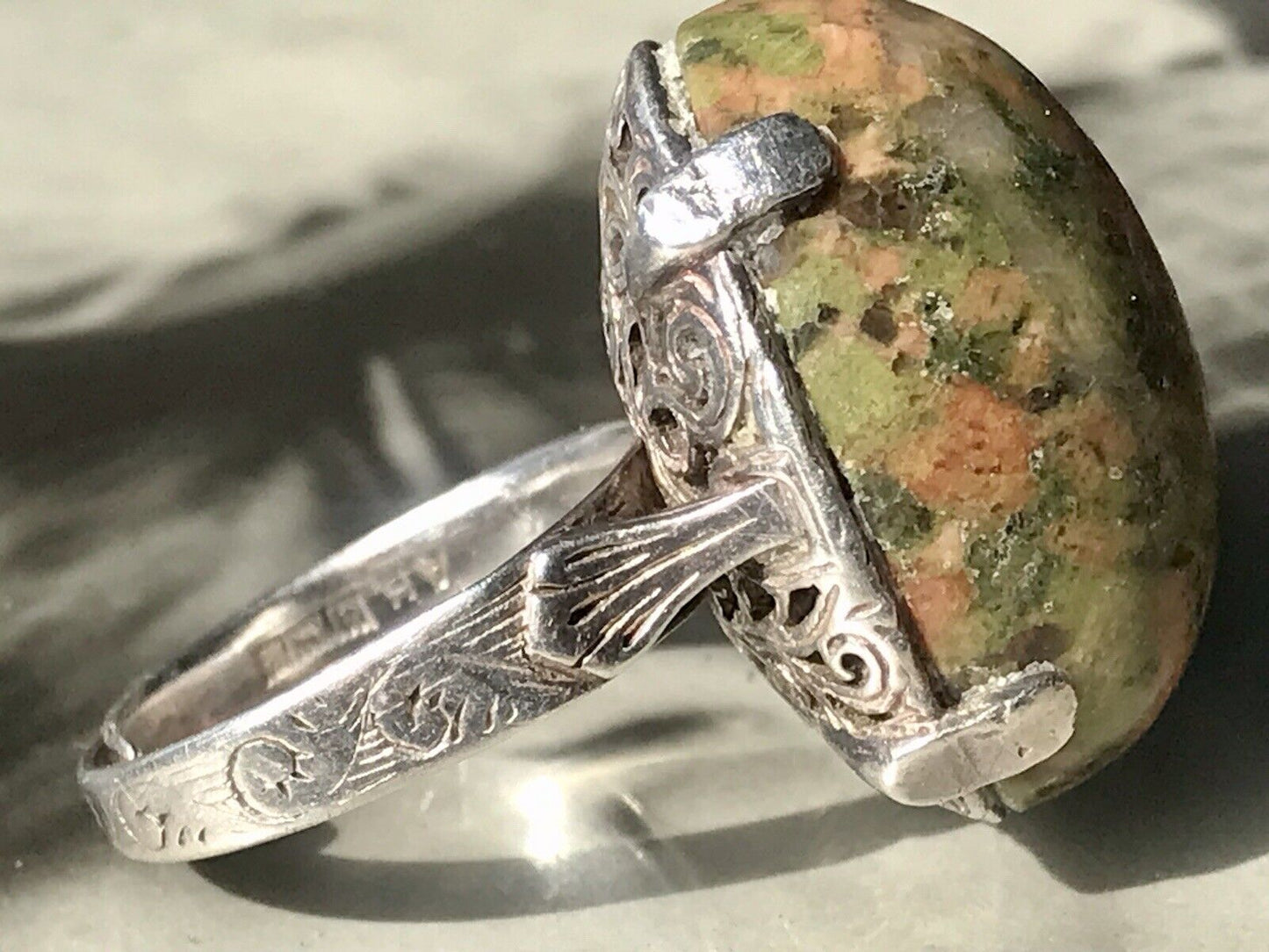 Antik England Jugendstil Edel DAMEN RING 925 Silber Jaspis Birmingham AH