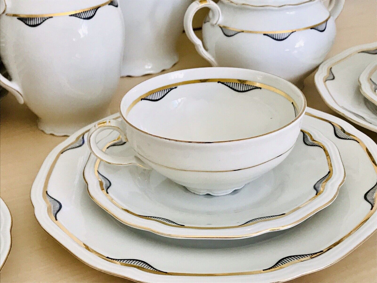 Antik Art Déco Porzellan Kaffeeservice 10 Pers. ivory schwarz gold