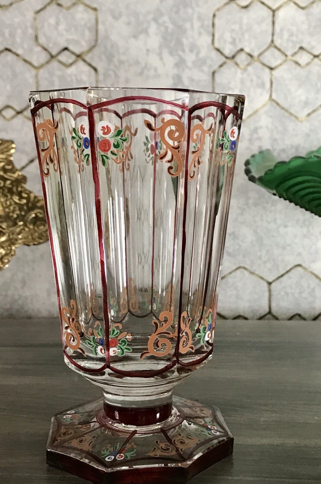 Antikisiert Replik Böhmisch Biedermeier Email-Malerei Glas Fußbecher bemalt