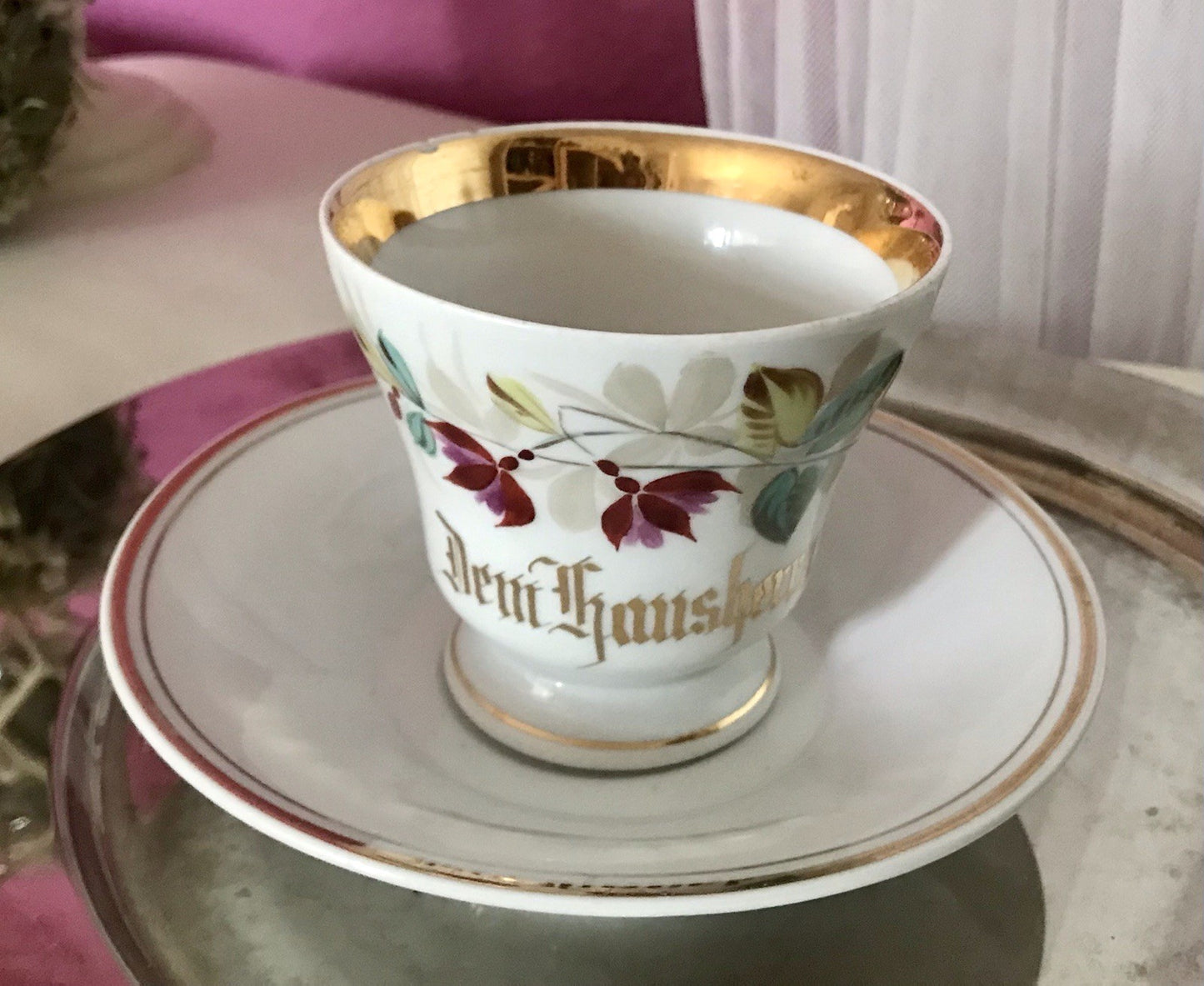Antik Porzellan Andenken Becher Gedeck Sammeltasse Tasse „Dem Hausherrn“