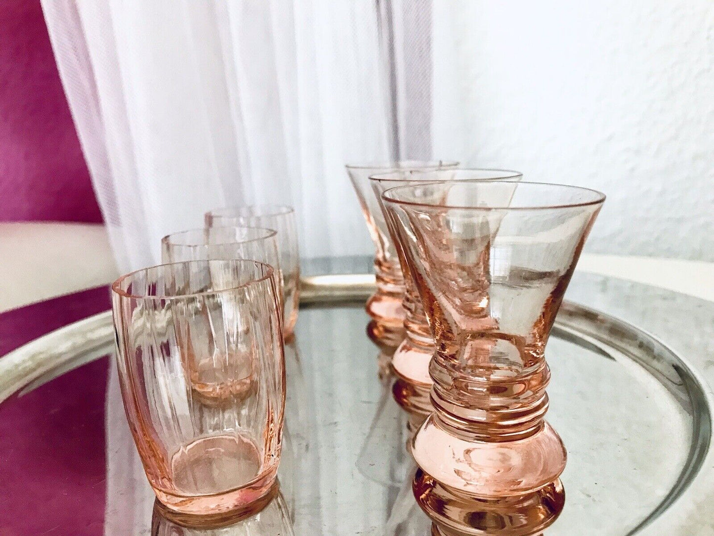 Antik ~1900 -20 6x Schnapsgläser Likör Gläser Pinchen optisch gerippt Glas rosa