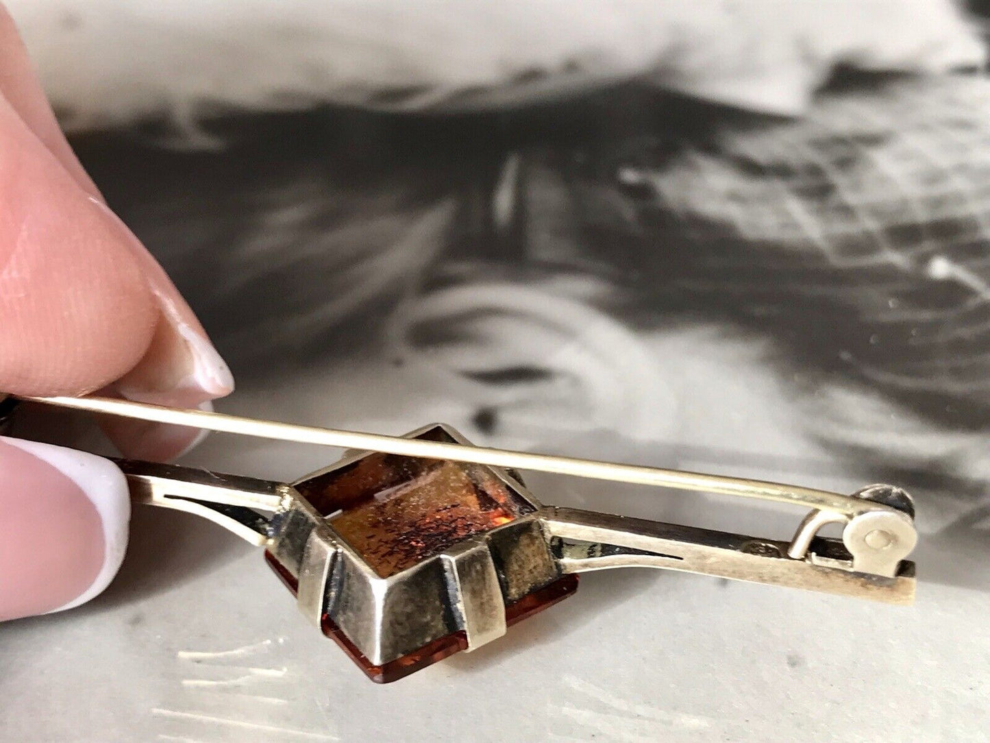 Antik Art Déco Edel Stabbrosche Silber 925 Bernstein vergoldet Brosche