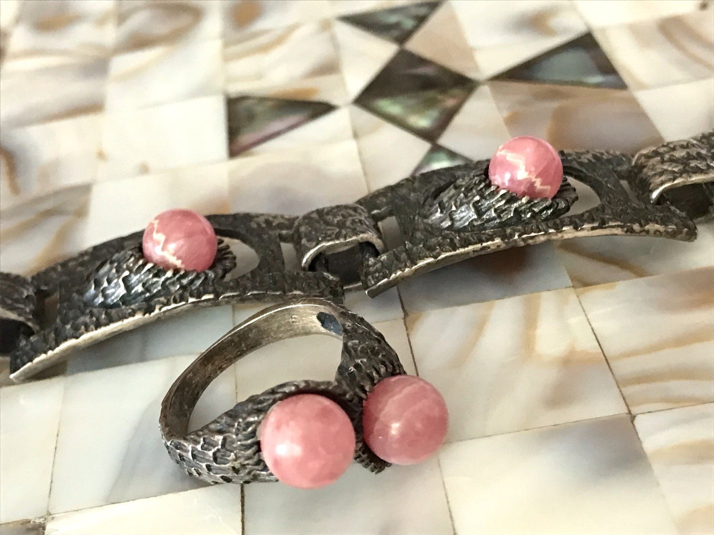 Vintage Schmuck Set 60er Designer Armband Ring Modernist 925 Silber Rosenquarz