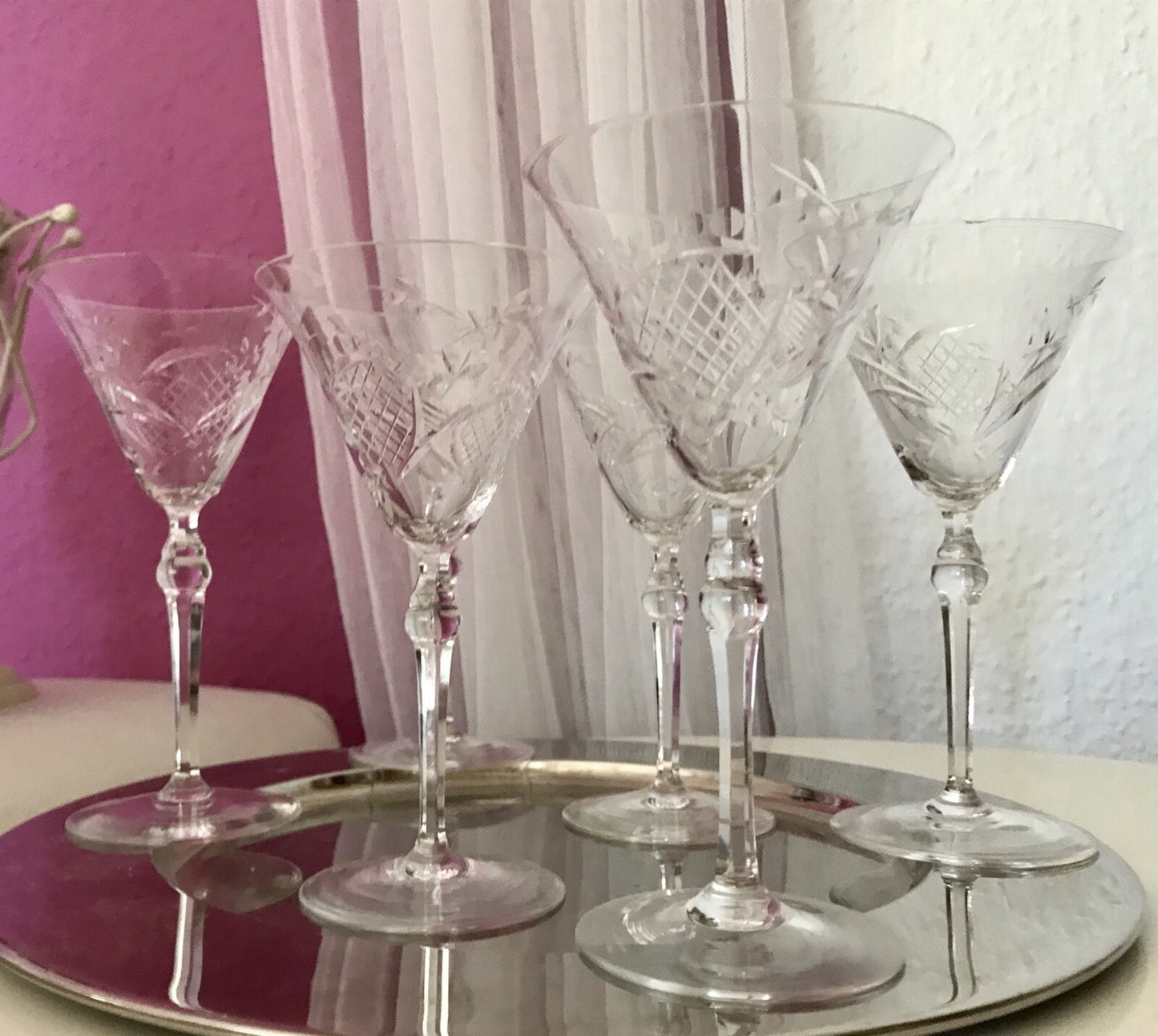 Antik Edel Art Déco 6x Weingläser Gläser Schliffdekor