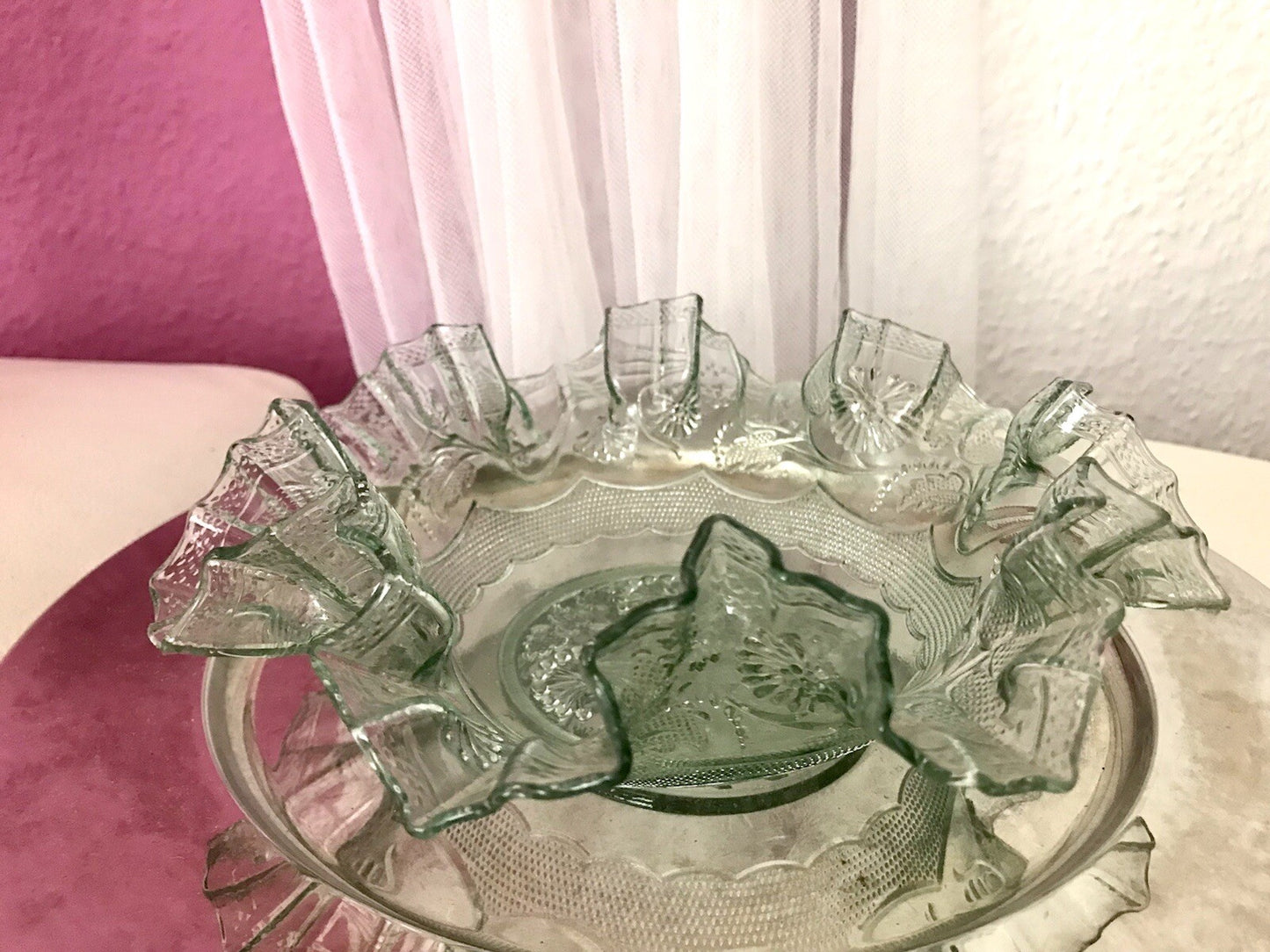 Antik Jugendstil gewellter Serviettenrand Pressglas Schale Glas so schön! grün
