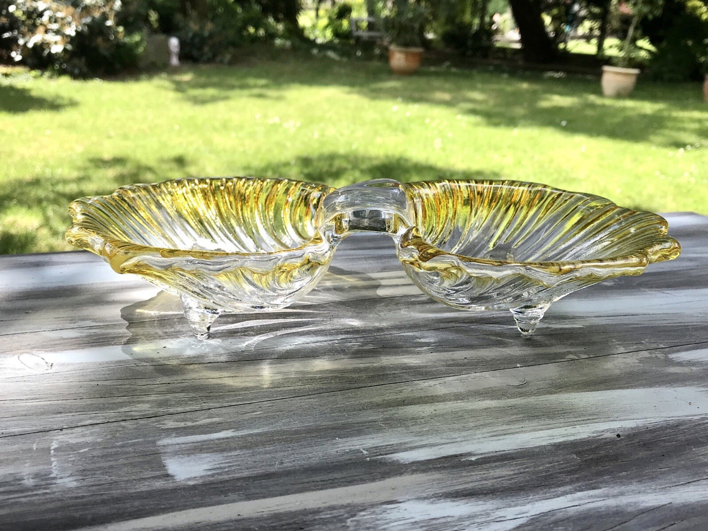 Vintage 70er Glas Schale Anbietschale Muschel Walther Glas Kultig gelb
