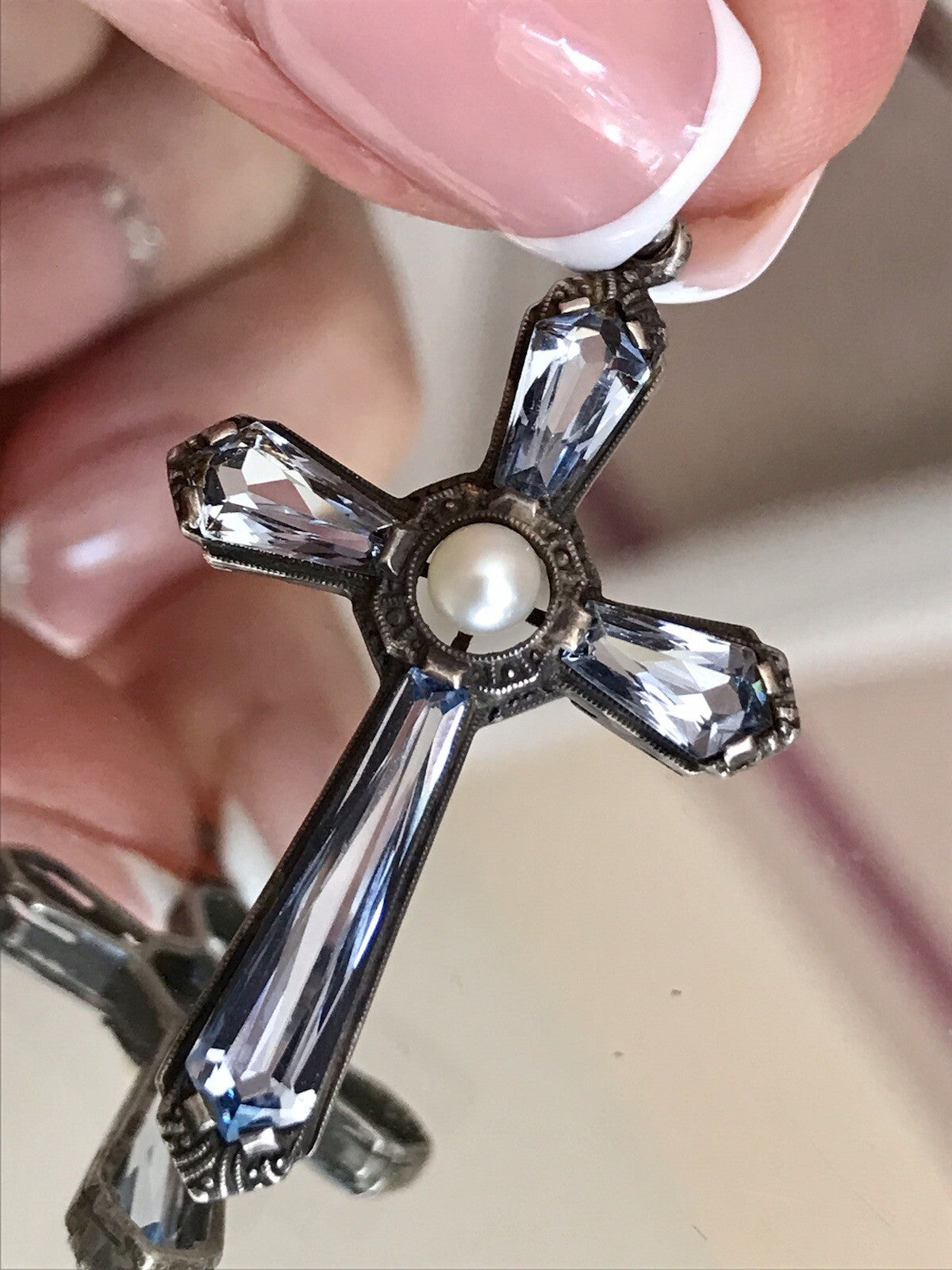 Antik Edel Art Déco Silber Kreuz Anhänger Kettenanhänger blaue Steine Aquamarin?