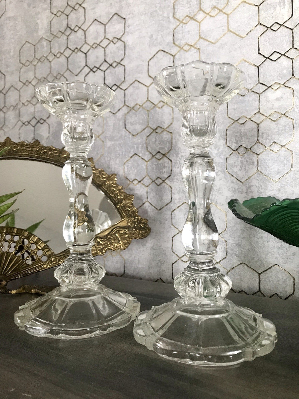 Antik Art Déco 2x Kerzenleuchter Leuchter Kerzenständer Pressglas Glas