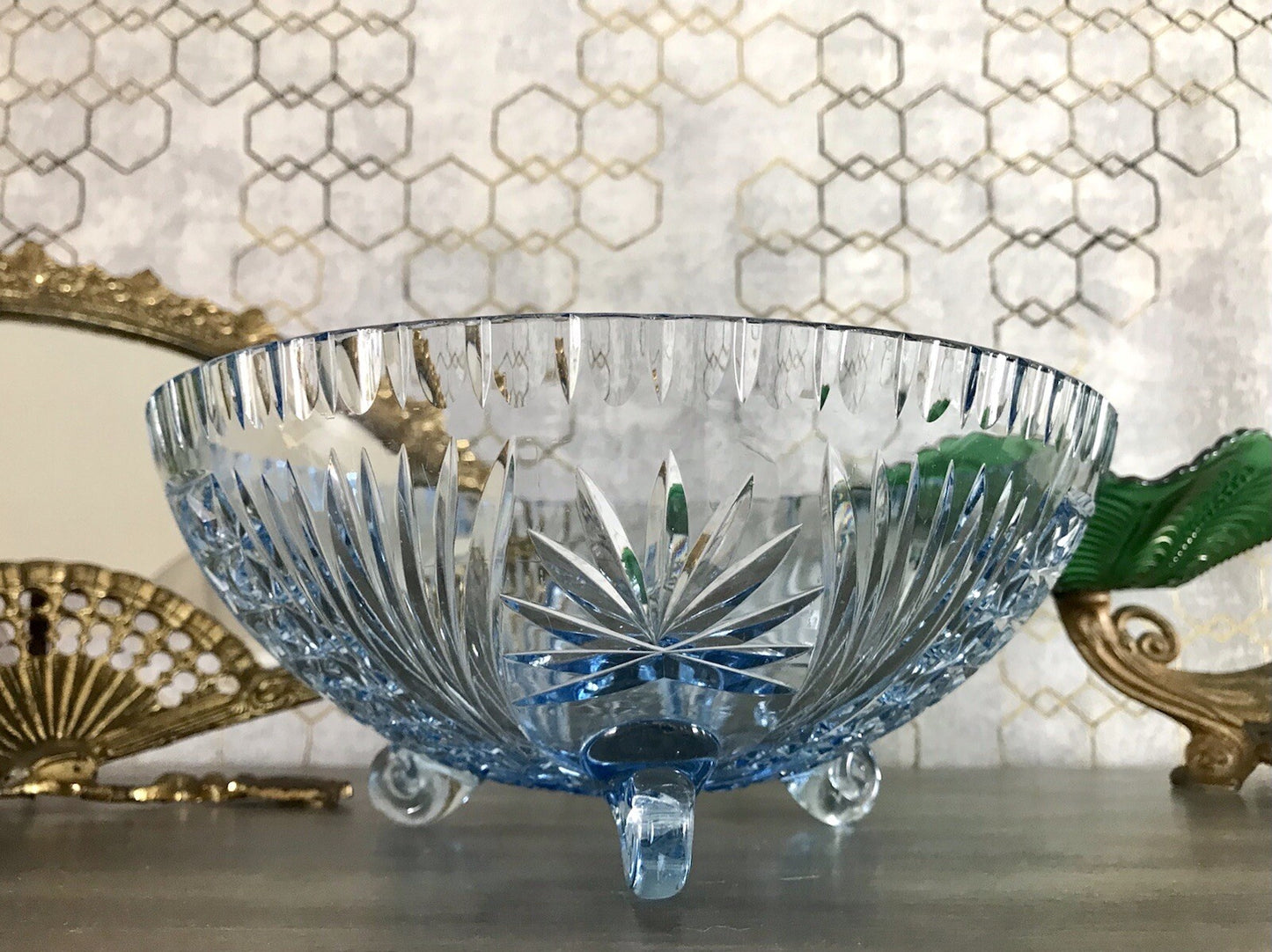 Antik EDEL blau Art Déco Schale Glasschale mundgeblasen geschliffen 3füssig