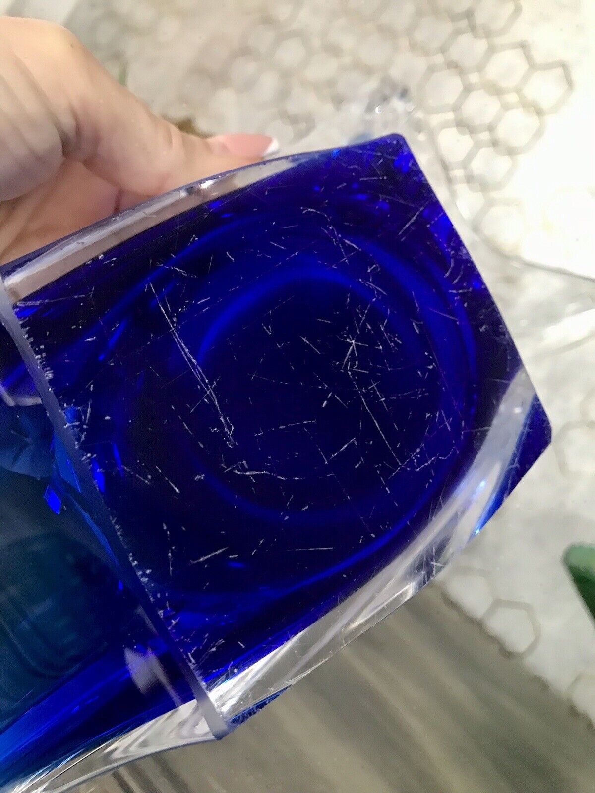 Murano 60er 70er Jahre Schale Glas zipfelig blauer Zwischenfang im Klarglas