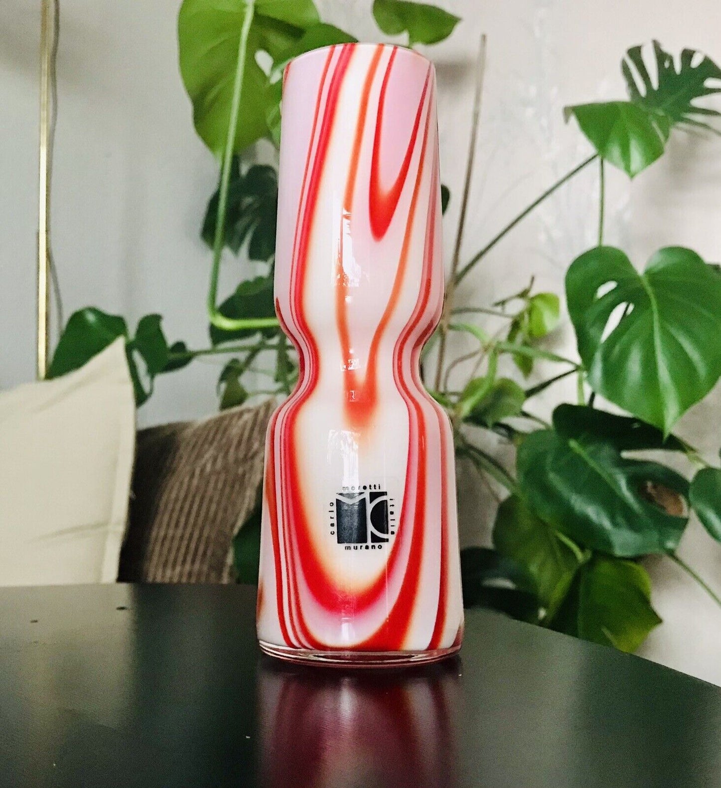 Carlo Moretti Vintage Vase Murano Glasvase rot weiß