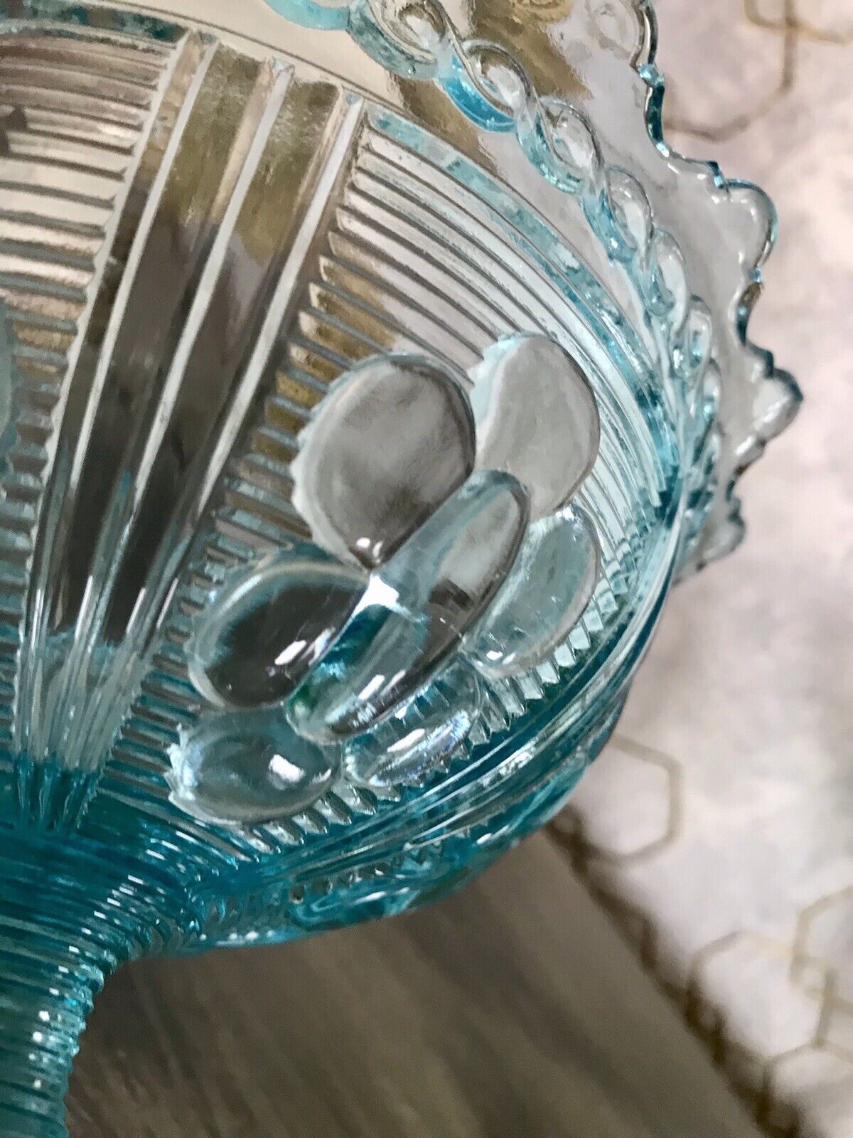 Antik Jugendstil Art Déco Pressglas Schale Fußschale Zuckerschale blau türkis