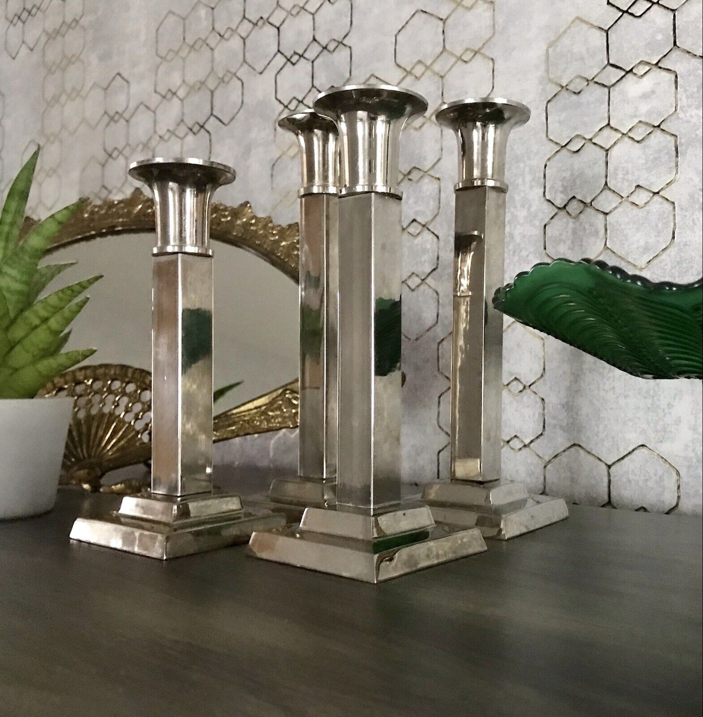4 Kerzenleuchter Kerzenständer Leuchter Art Déco Stil versilbert? kantig