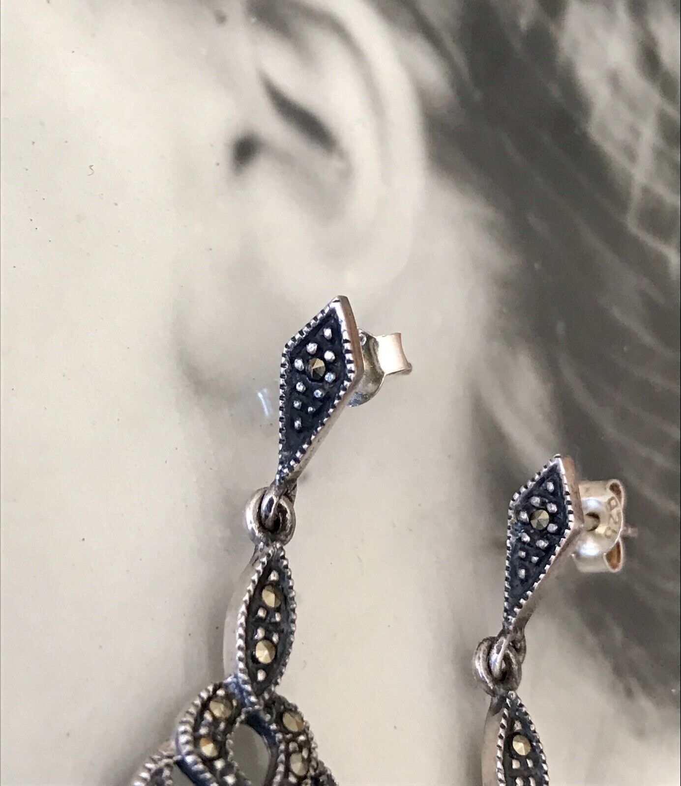 Antik Art Déco Wunderschön Ohrhänger Ohrringe DAMEN Silber 925 Onyx Markasite