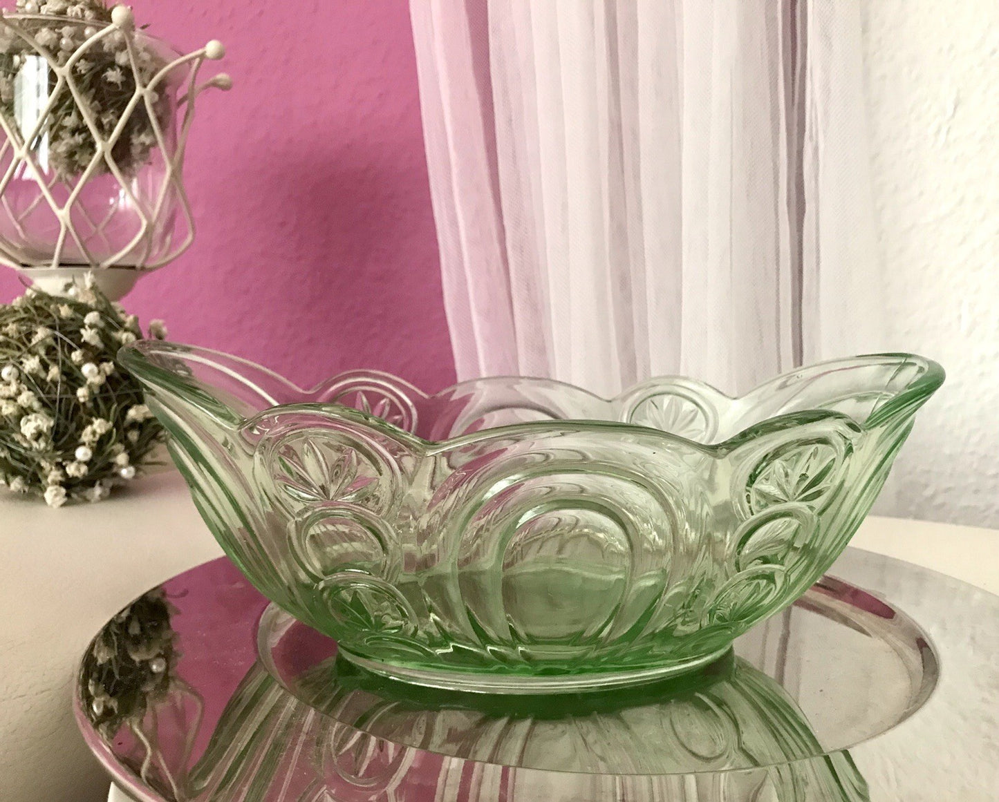Antik Art Déco Jardiniere Schale Pressglas Glasschale grün Obstschale