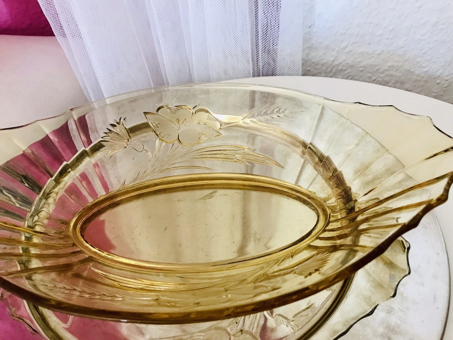 Antik Art Déco Bernstein Farbe gelb Pressglas Schale Jardiniere Glas