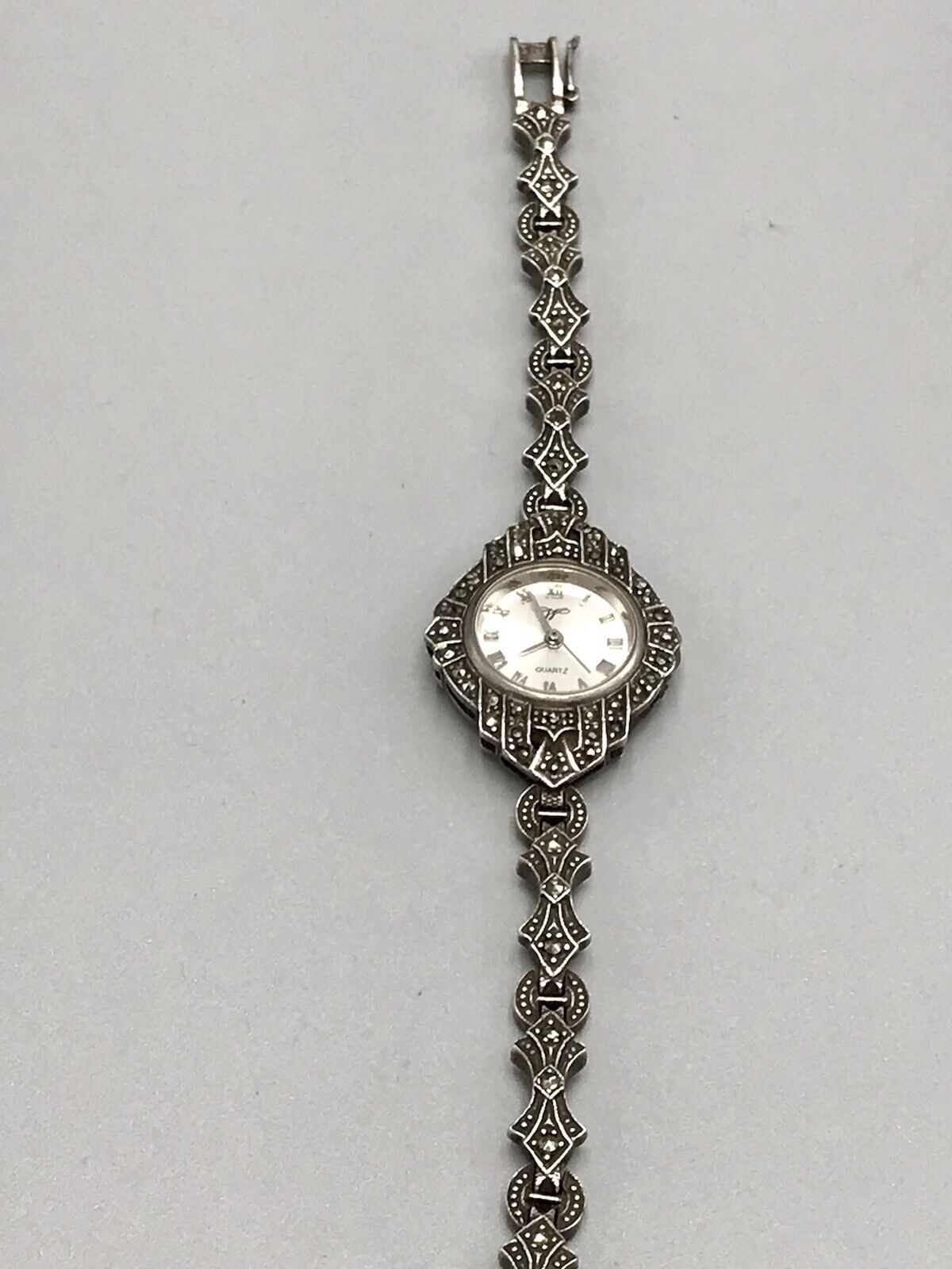 Vintage EDEL!!! Art Déco Stil 925 Silber Armbanduhr Damen Markasite wundervoll!